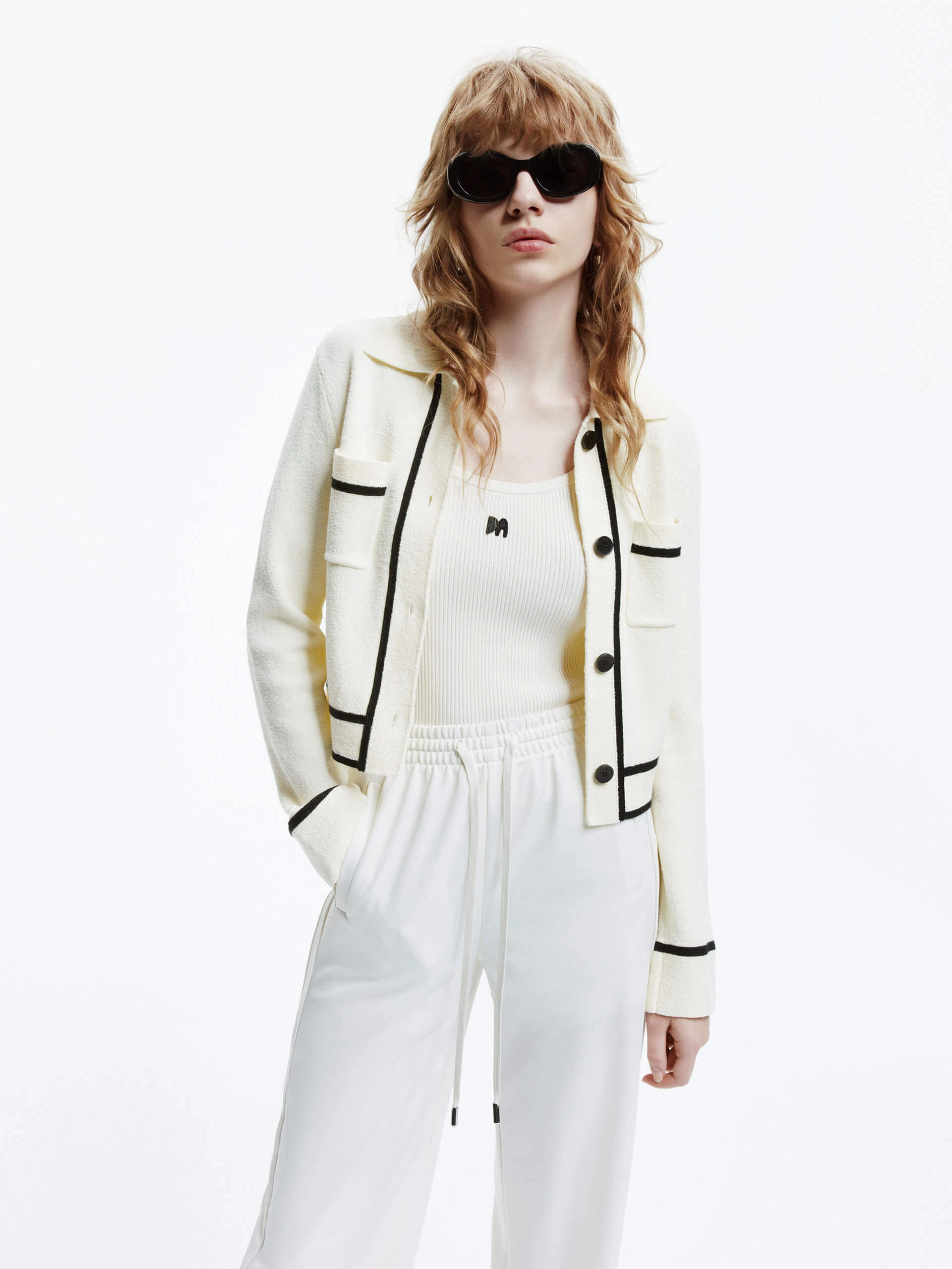 Compression Fit Convertible Collar Contrast Detail Knit Cardigan
