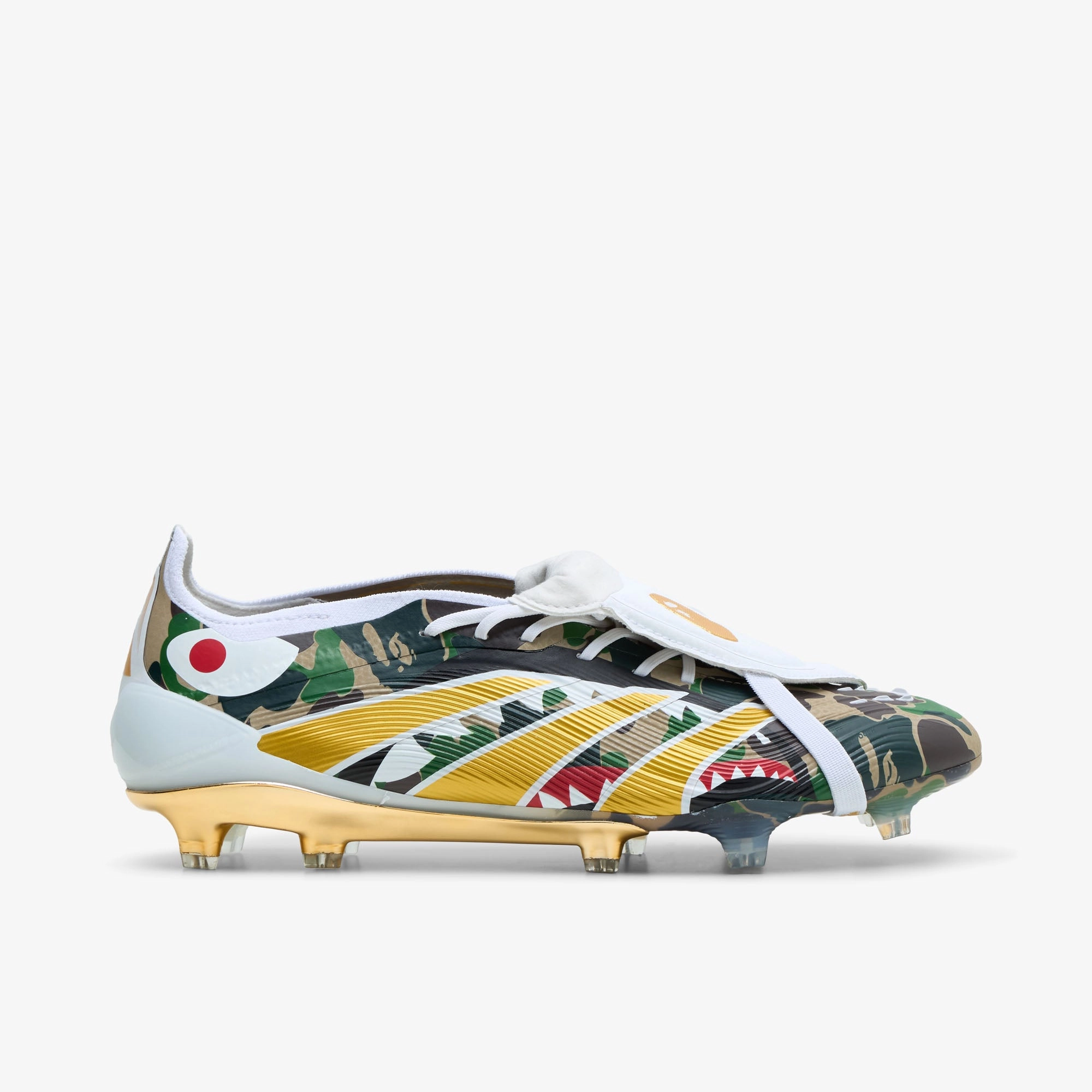 Asymmetric Lacing Boosted sole adidas x BAPE Predator Elite FT Firm Ground Hemp / Gold Metallic - Cloud White
