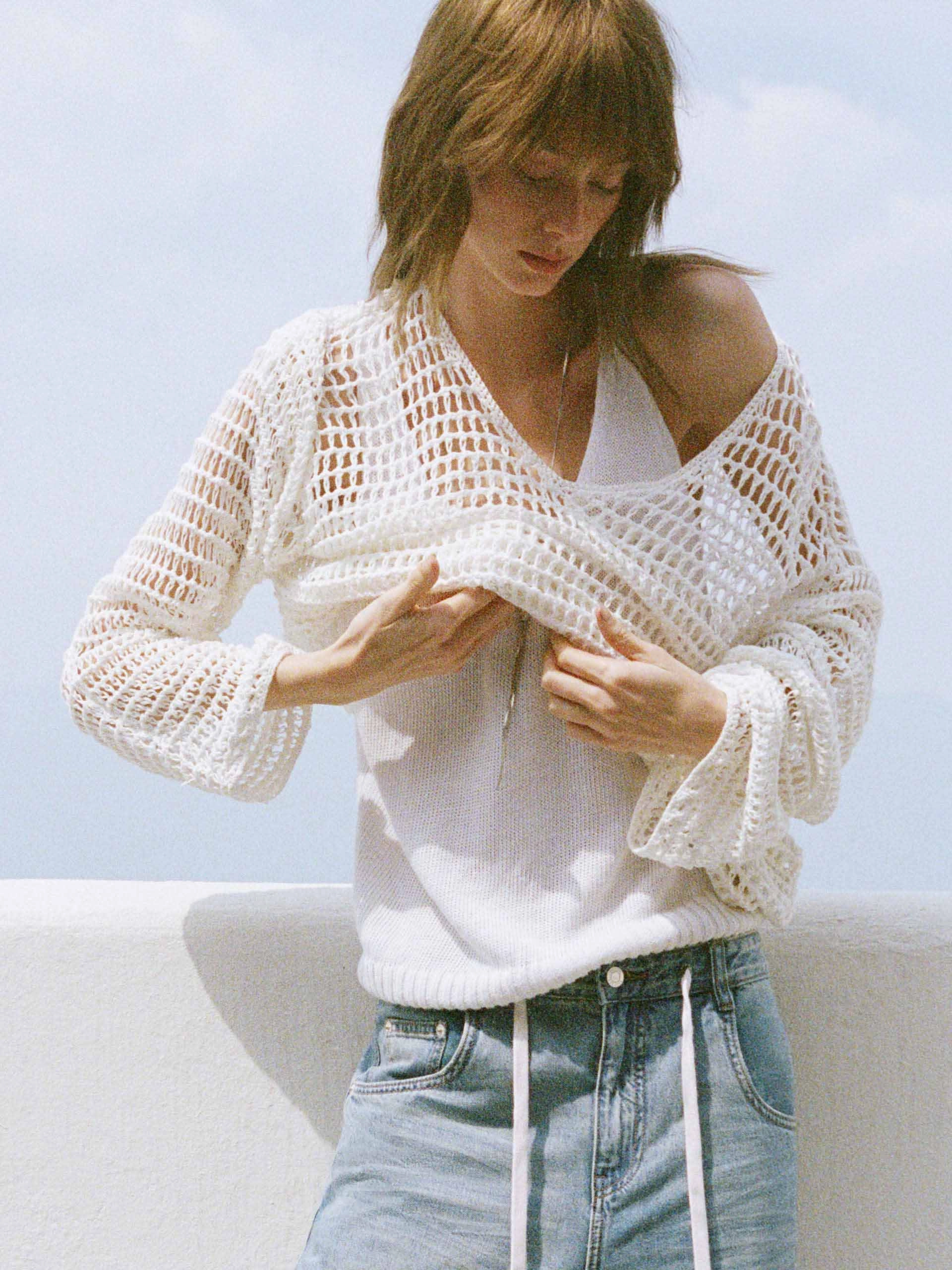 GarmentWashed Texture Crochet Fishnet Sweater