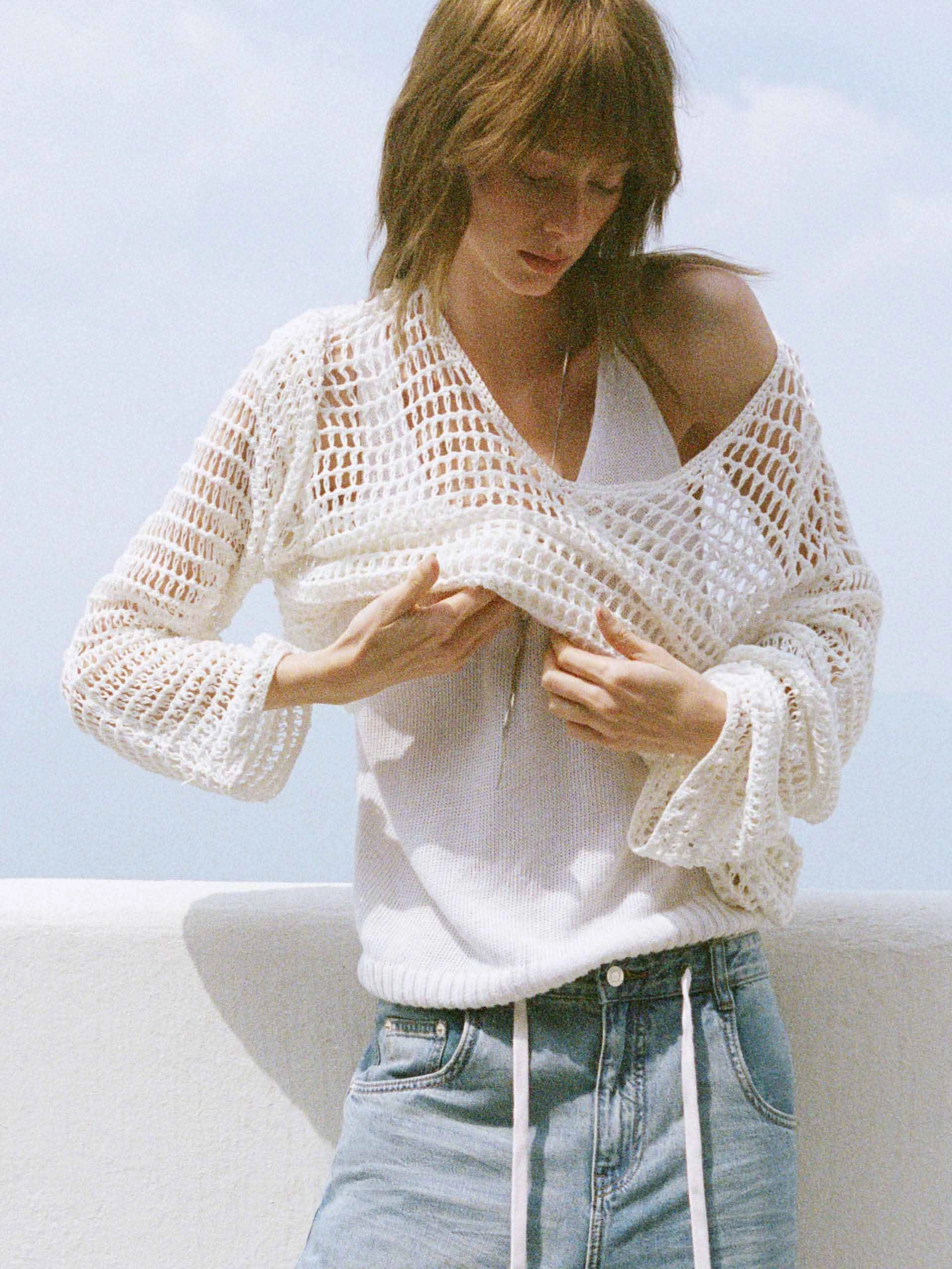 Reinforced Hem Stitching Crochet Fishnet Sweater