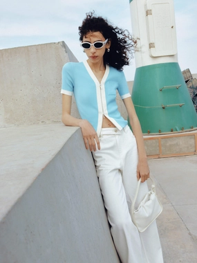 Contrasting Trim Zipper Cardigan Active Tee