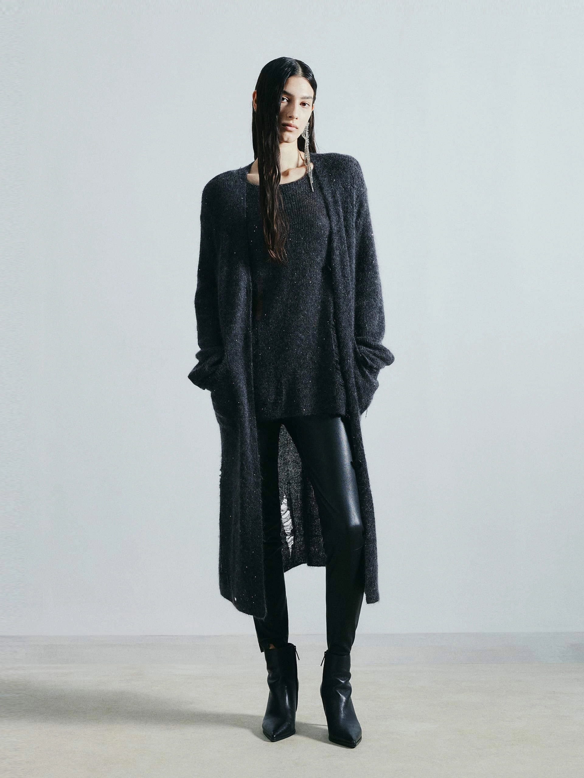 Distressed Detail Long Cardigan Biodegradable material