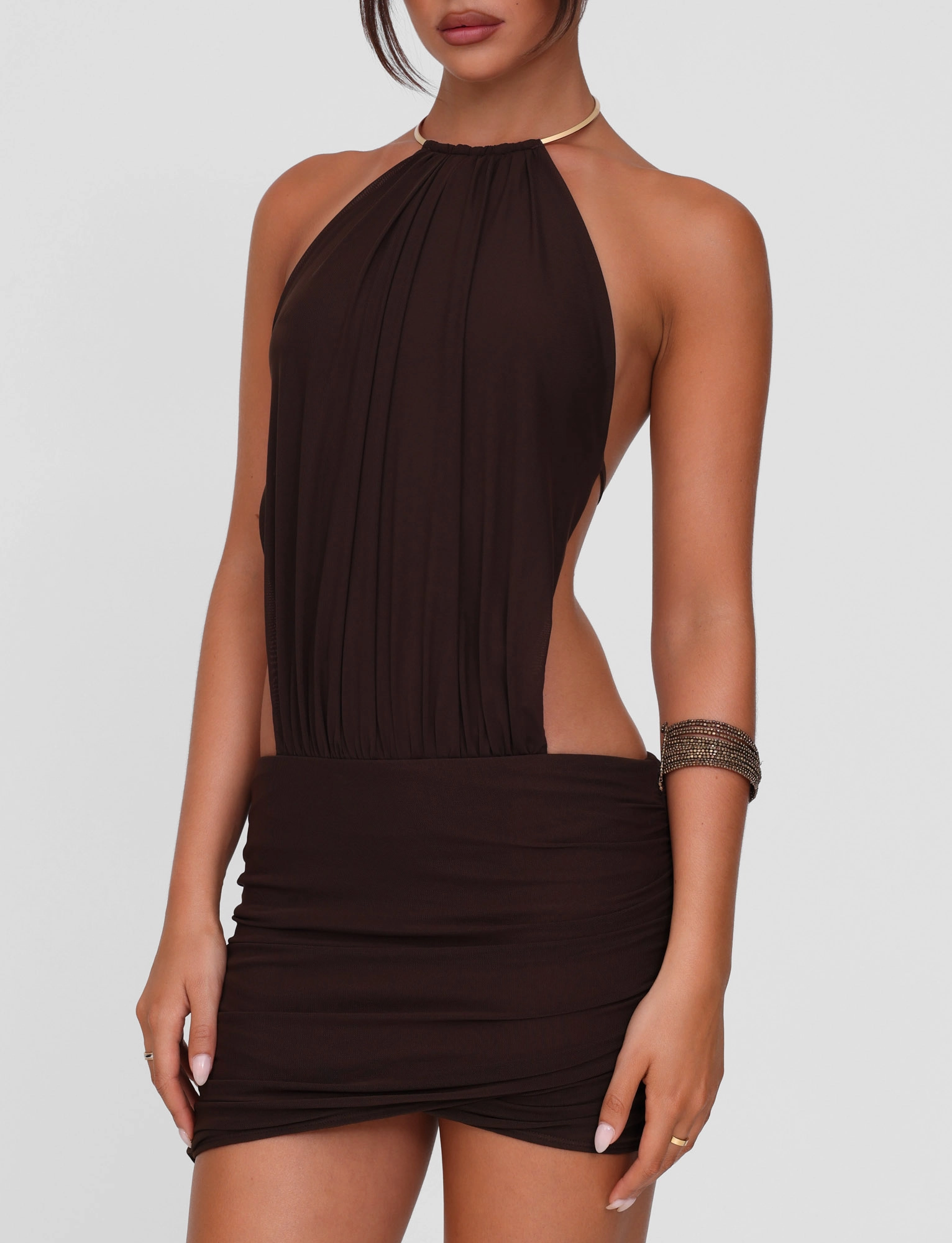 Matte Fabric Comfortable and breathable EVANNA MINI DRESS - BROWN : CHOCOLATE