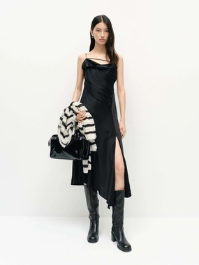 Clean Tone Quilted-Lining Irregular Hem Satin Dress