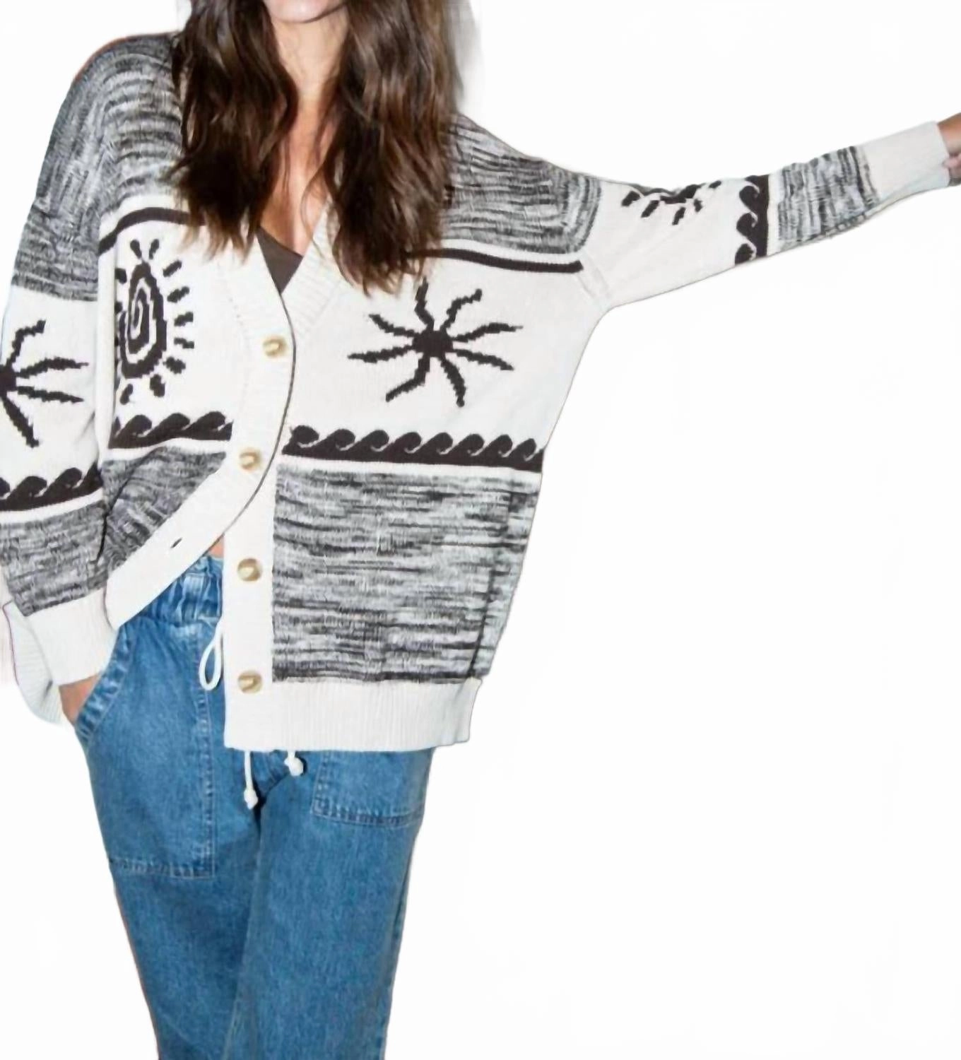 Everyday Cardigan In Ivory / Cocoa Intarsia fuzzy texture
