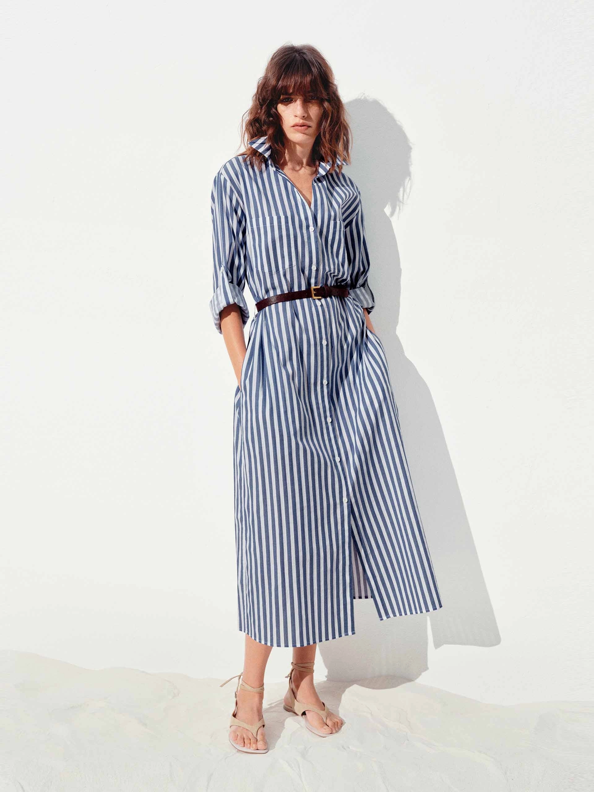 ElasticWaistband All-Occasion Wear Cotton Striped Shirt Dress