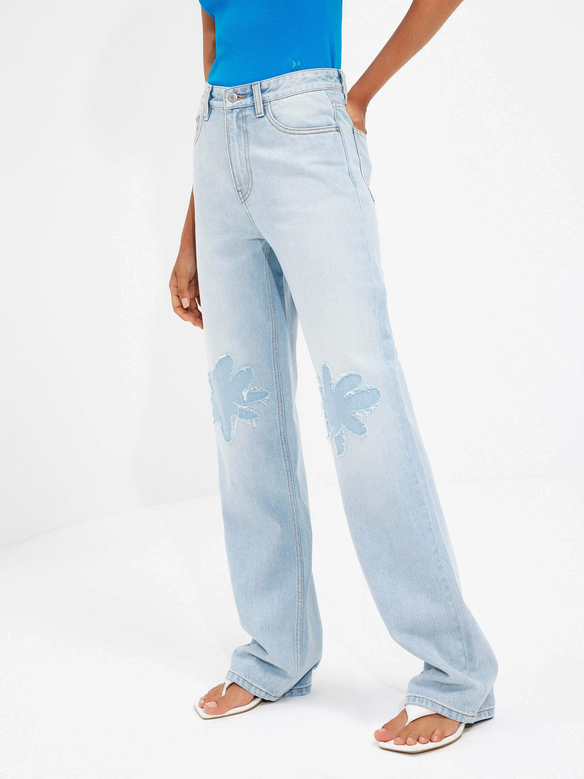 Neutral Smooth Floral Pattern Straight Jeans