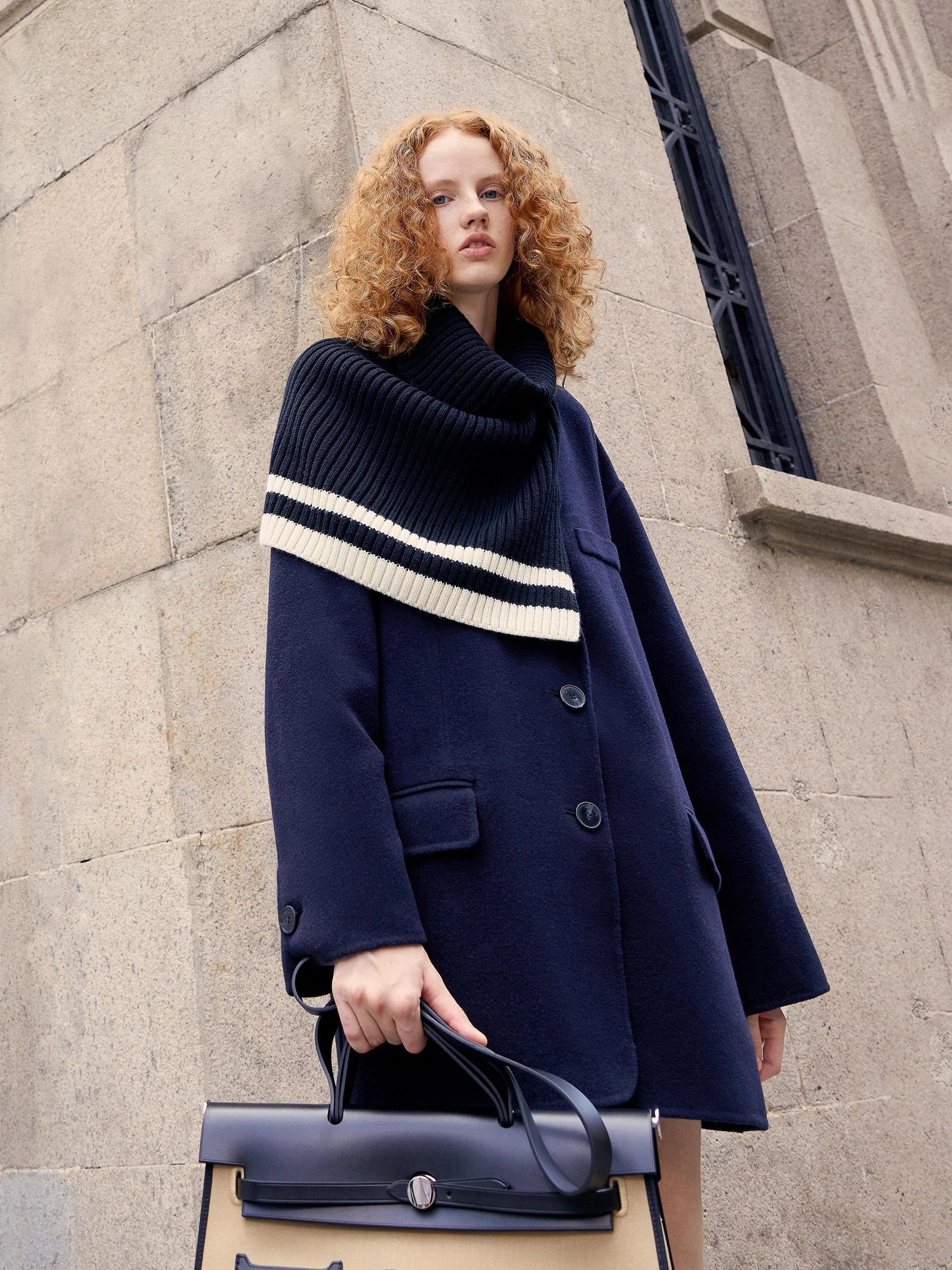 Wool Midi Coat with Scarf Reinforced Shoulder Protection Mesh Lining