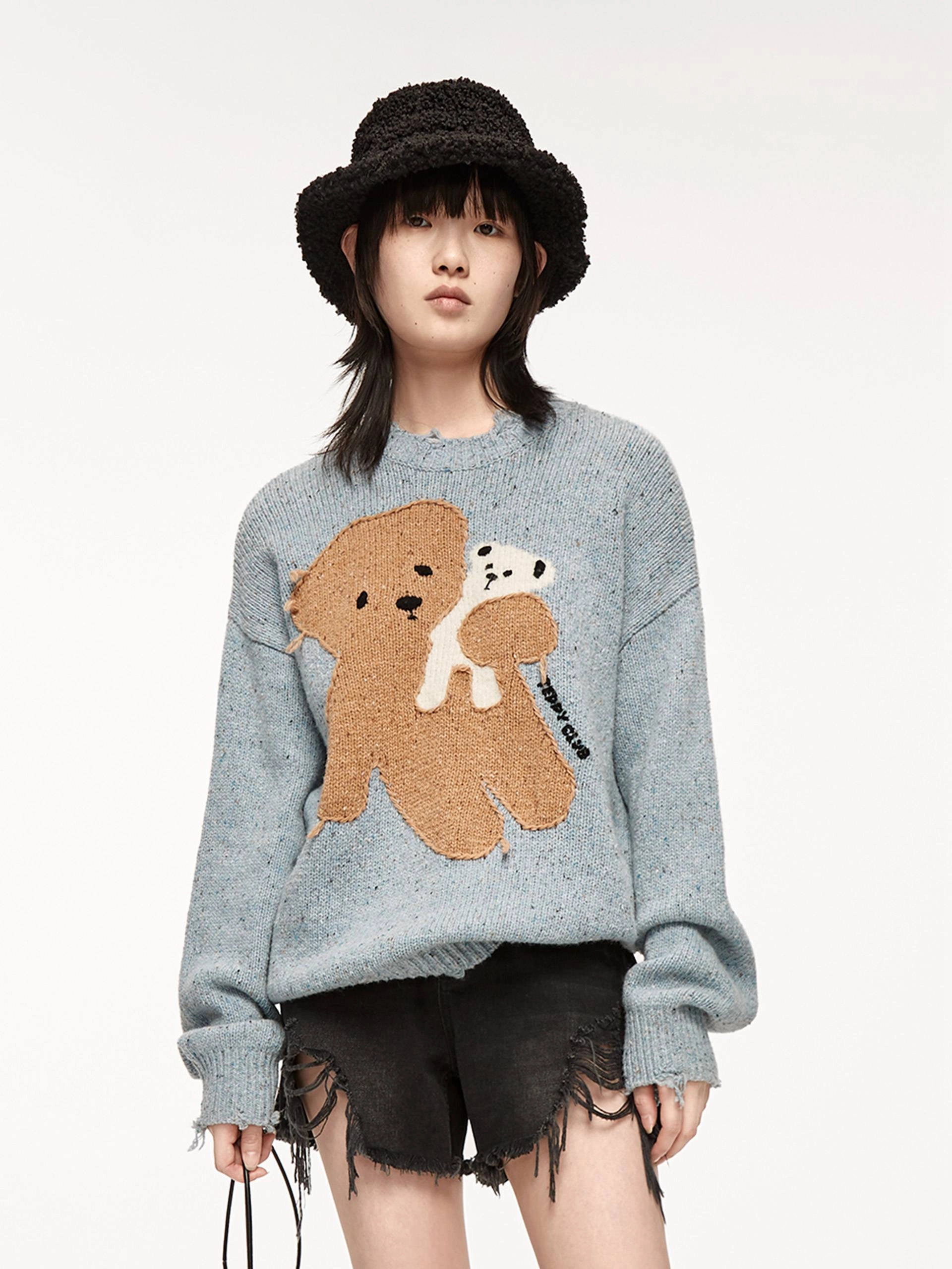 Wool-blend Cartoon Knit Pullover LowProfile Zipper StretchFabric