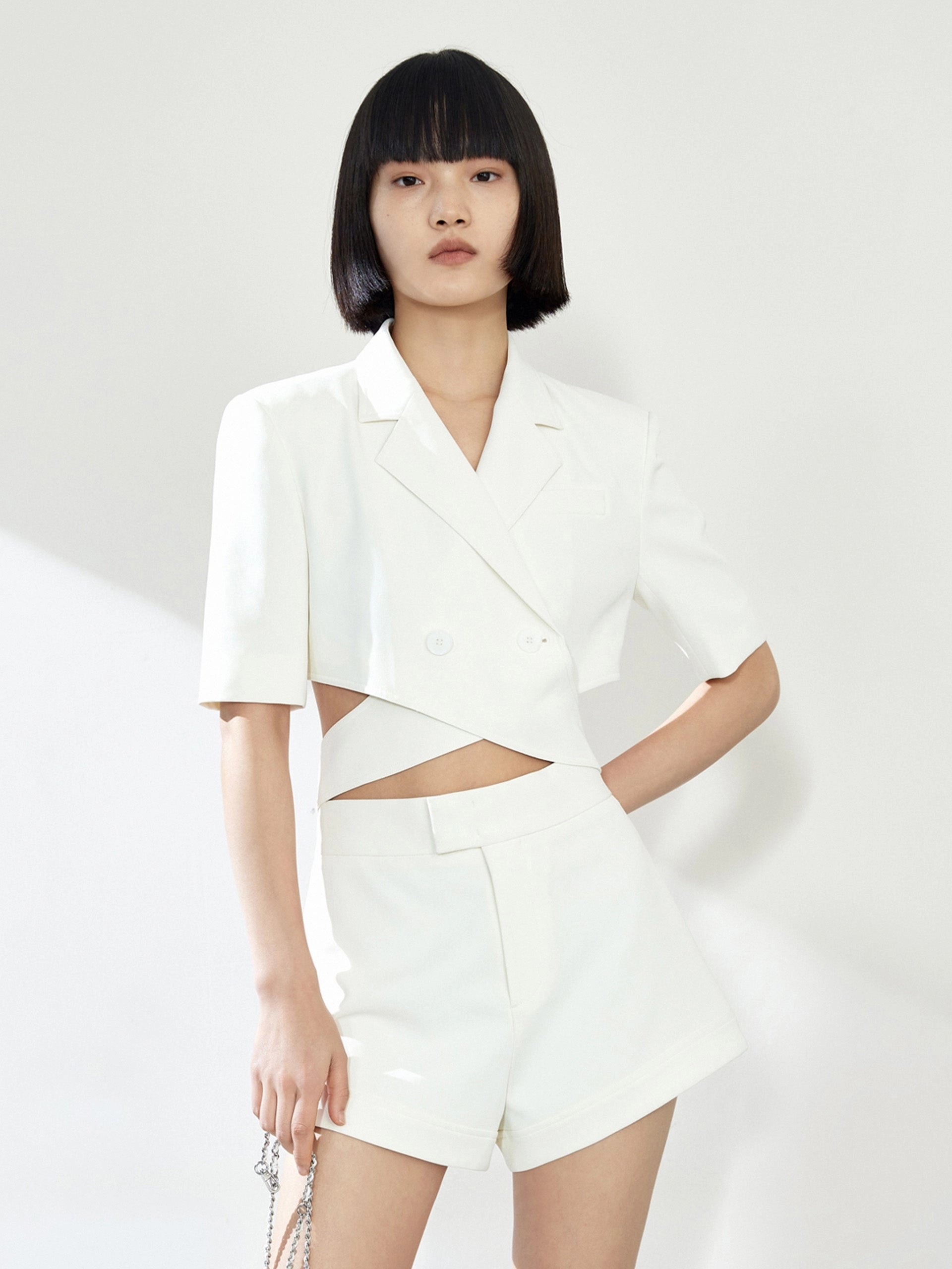 Deconstructed Cut-Out Lapel Crop Blazer OdorResistant Fabric AntiPillingTechnology
