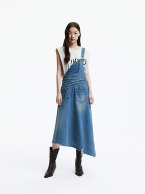 Irregular Hem Denim Dress Gentle Look