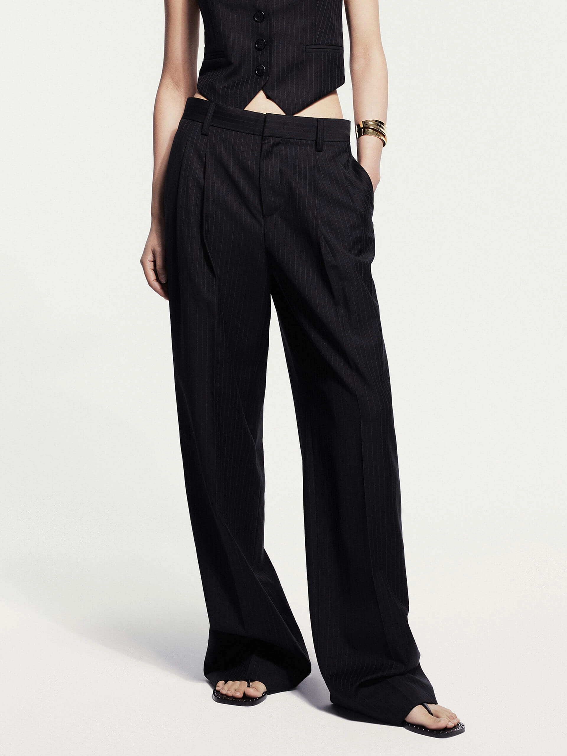 Pinstriped Wool Blend Pants Quick Fit