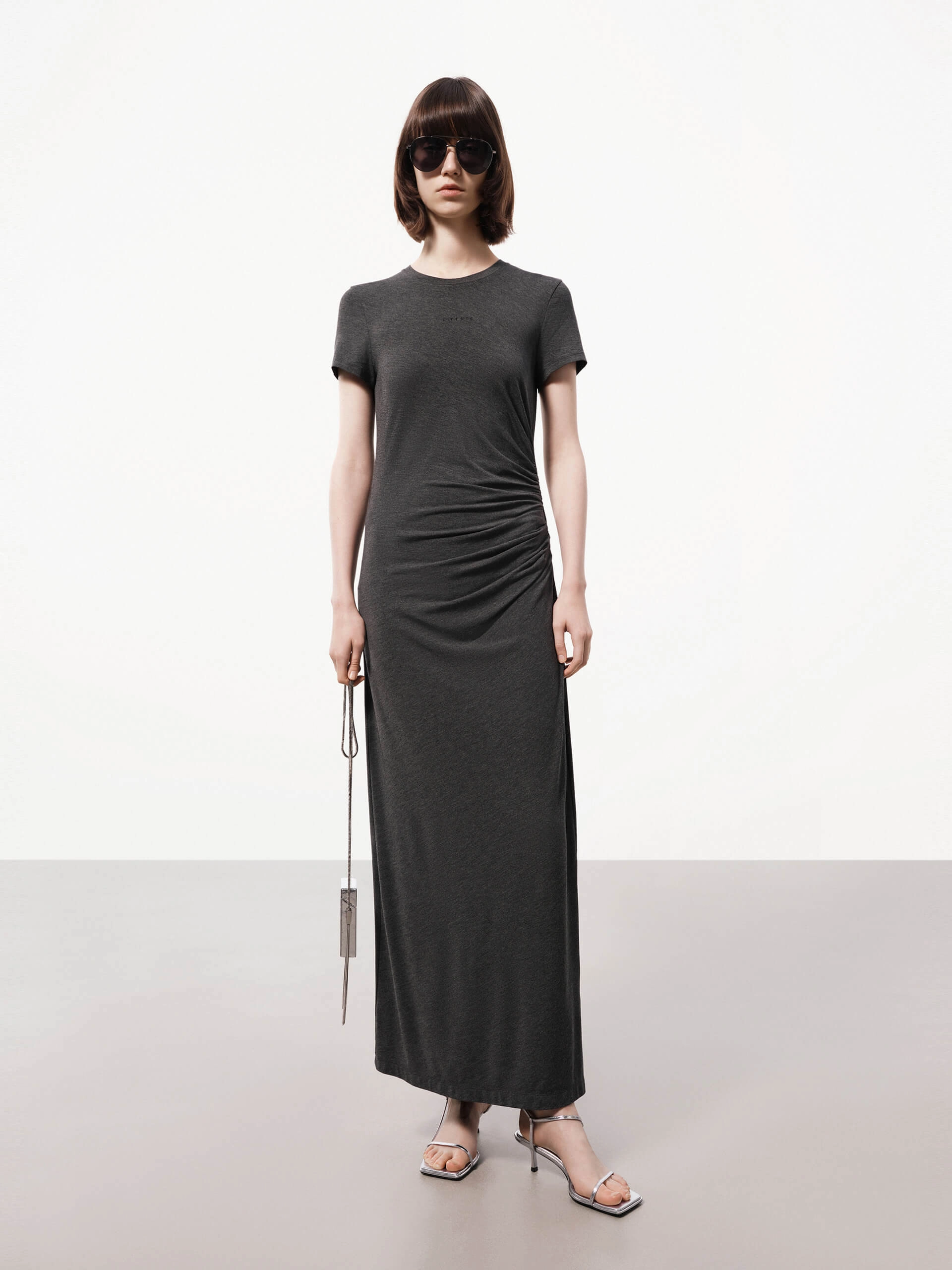 Side Pleated Maxi Dress Buckle-Detail Lightweight Feel