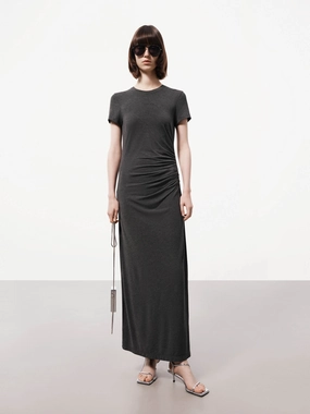 Side Pleated Maxi Dress Buckle-Detail Lightweight Feel