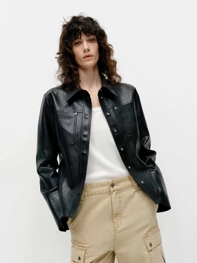 City Walking Style Smooth Finish Faux Leather Fitted Jacket