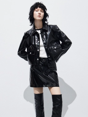 Faux Leather Glossy Jacket High Neckline NonChafing Fabric