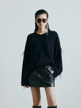 Feather Embellished Knit Sweater Abrasion Resistant Fabric
