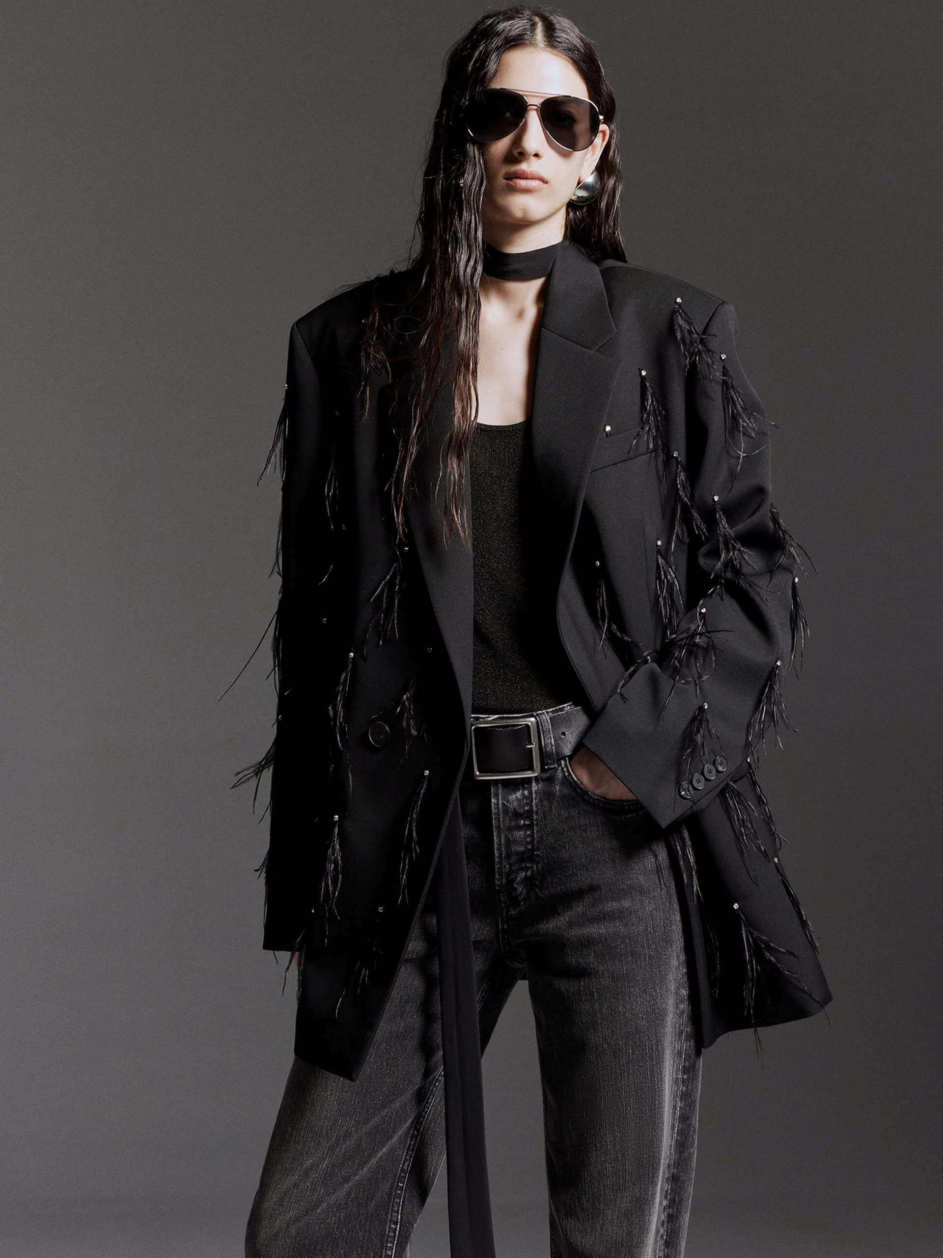 Feather Embellished Wool Blazer Elastic Hem Adjustment Transition Wear