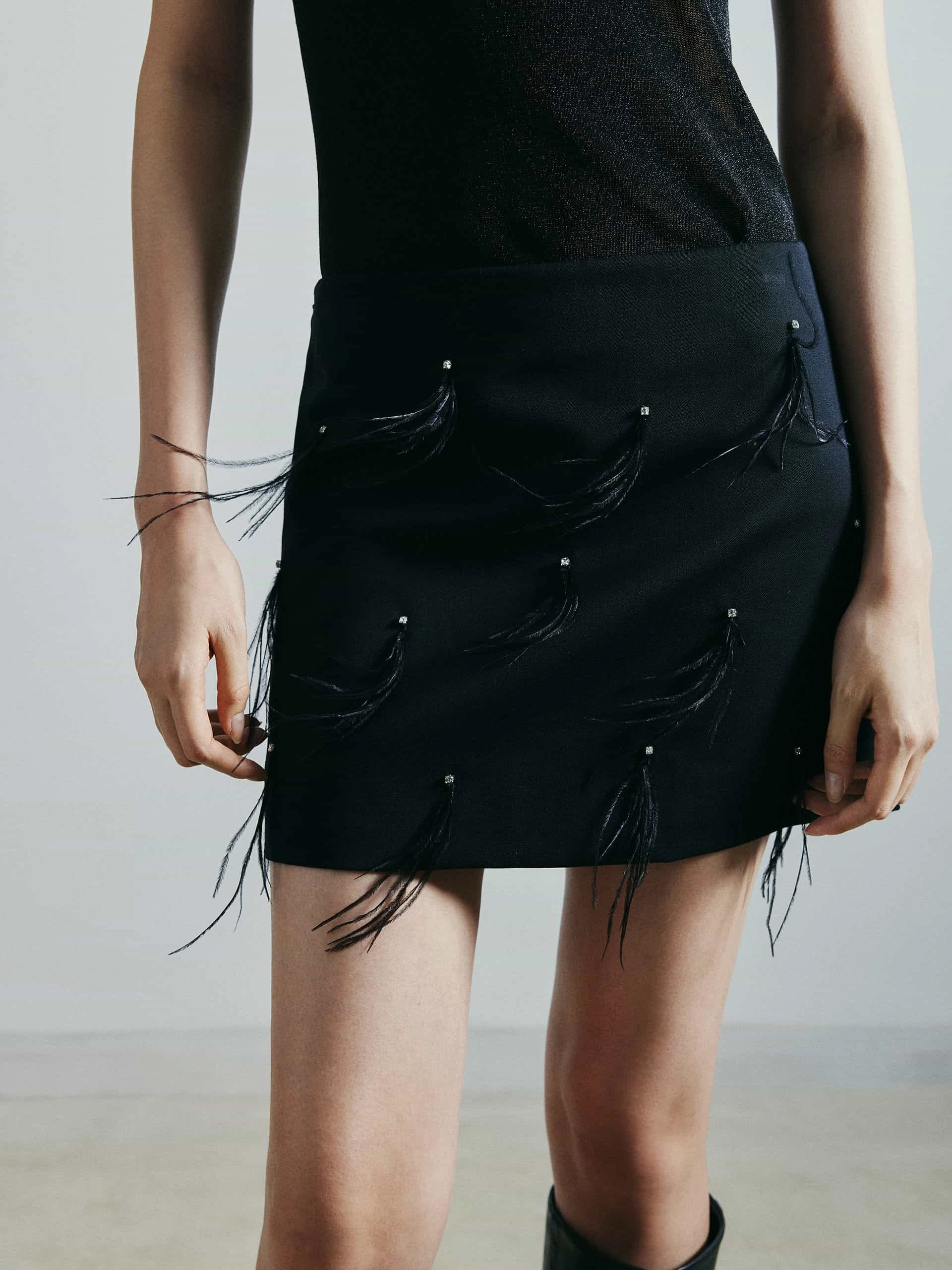Feather Embellished Wool Skirt Flex Wear