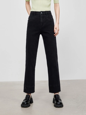 Straight Frayed Cotton Jeans Fresh casual Lifestyle Outfit