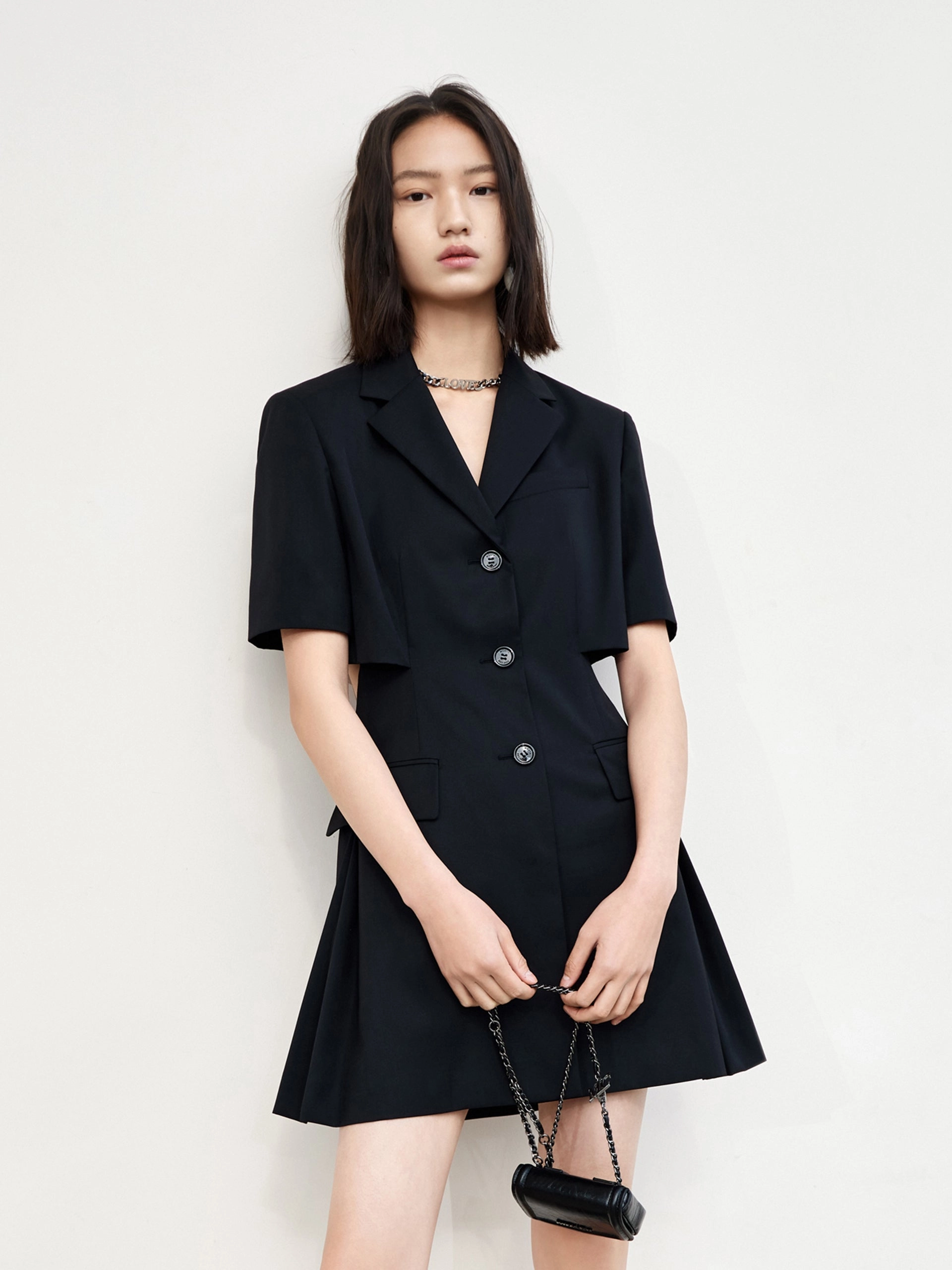 Wool Blend Cutout Suit Dress Subtle Texture
