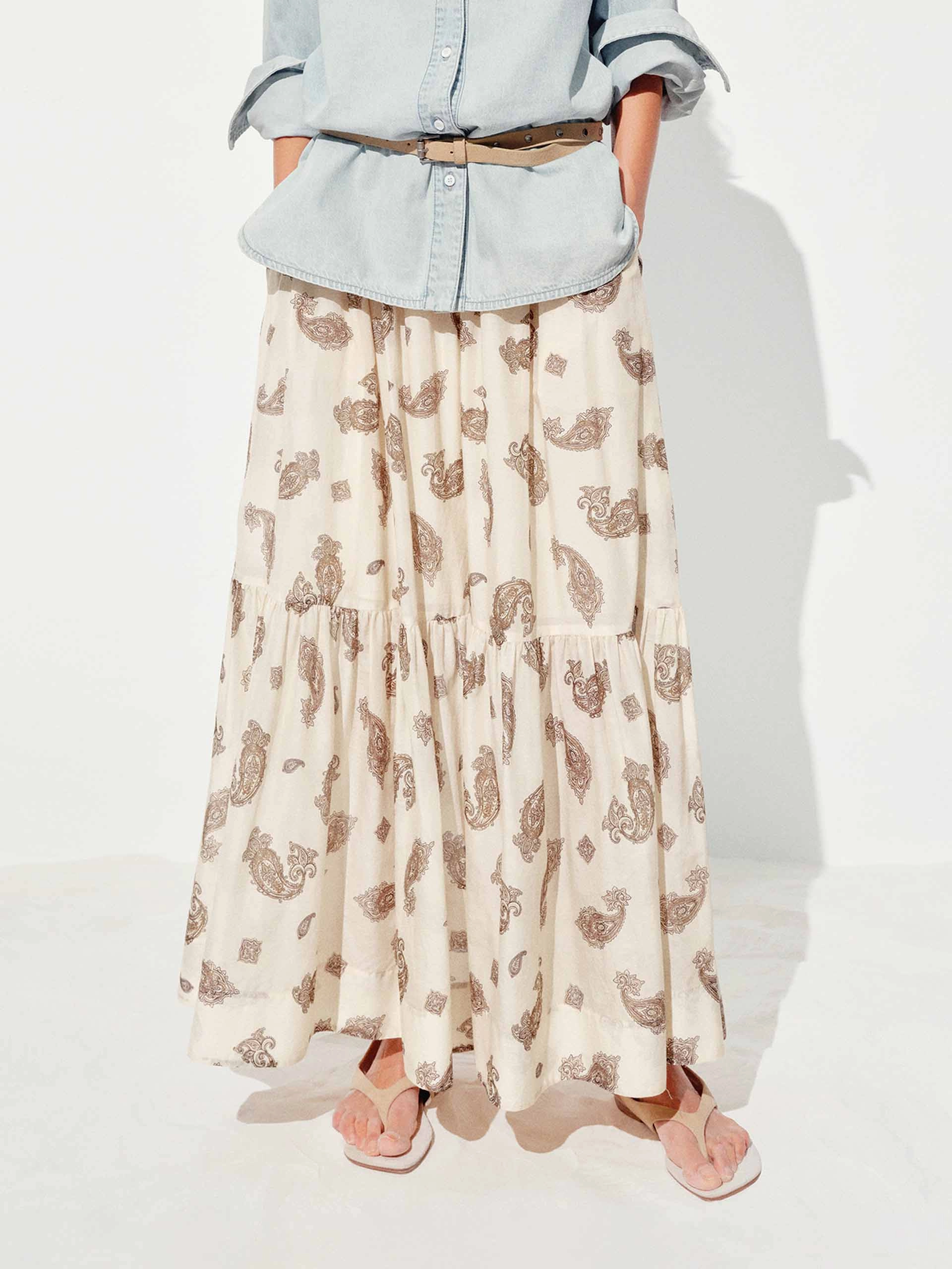 Paisley Pattern Tiered Skirt SoftTouchFinish Structured Hemline