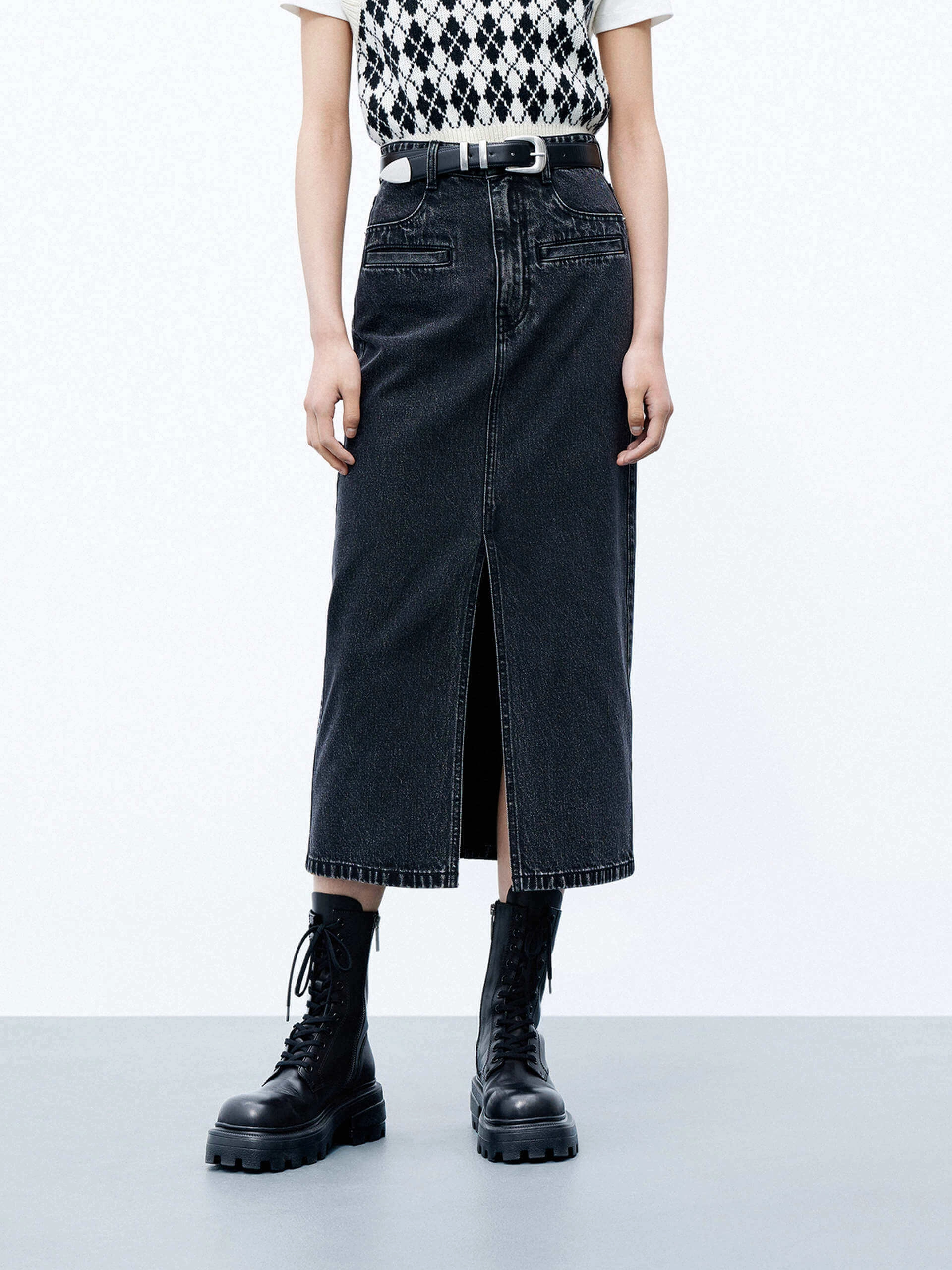 Front Slit Midi Denim Skirt Layer-Friendly Hidden pockets