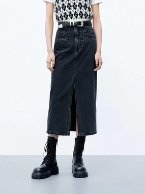 Front Slit Midi Denim Skirt AdjustableTabs