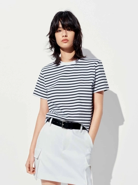 Versatile Apparel Striped Back Logo Cotton T-shirt