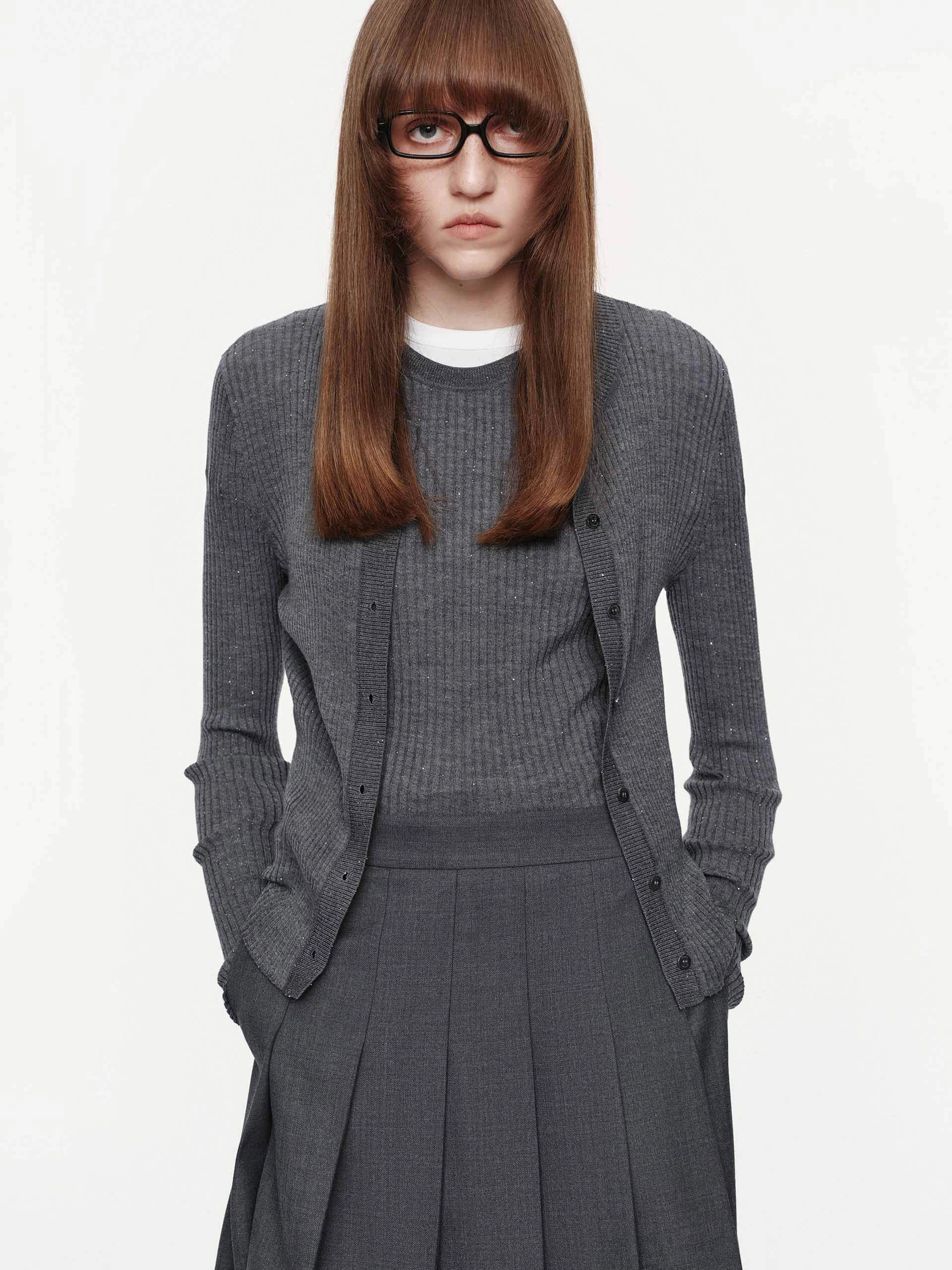 WrinkleResistantTextile DoubleLayeredFabric Fitted Wool Blend Cardigan