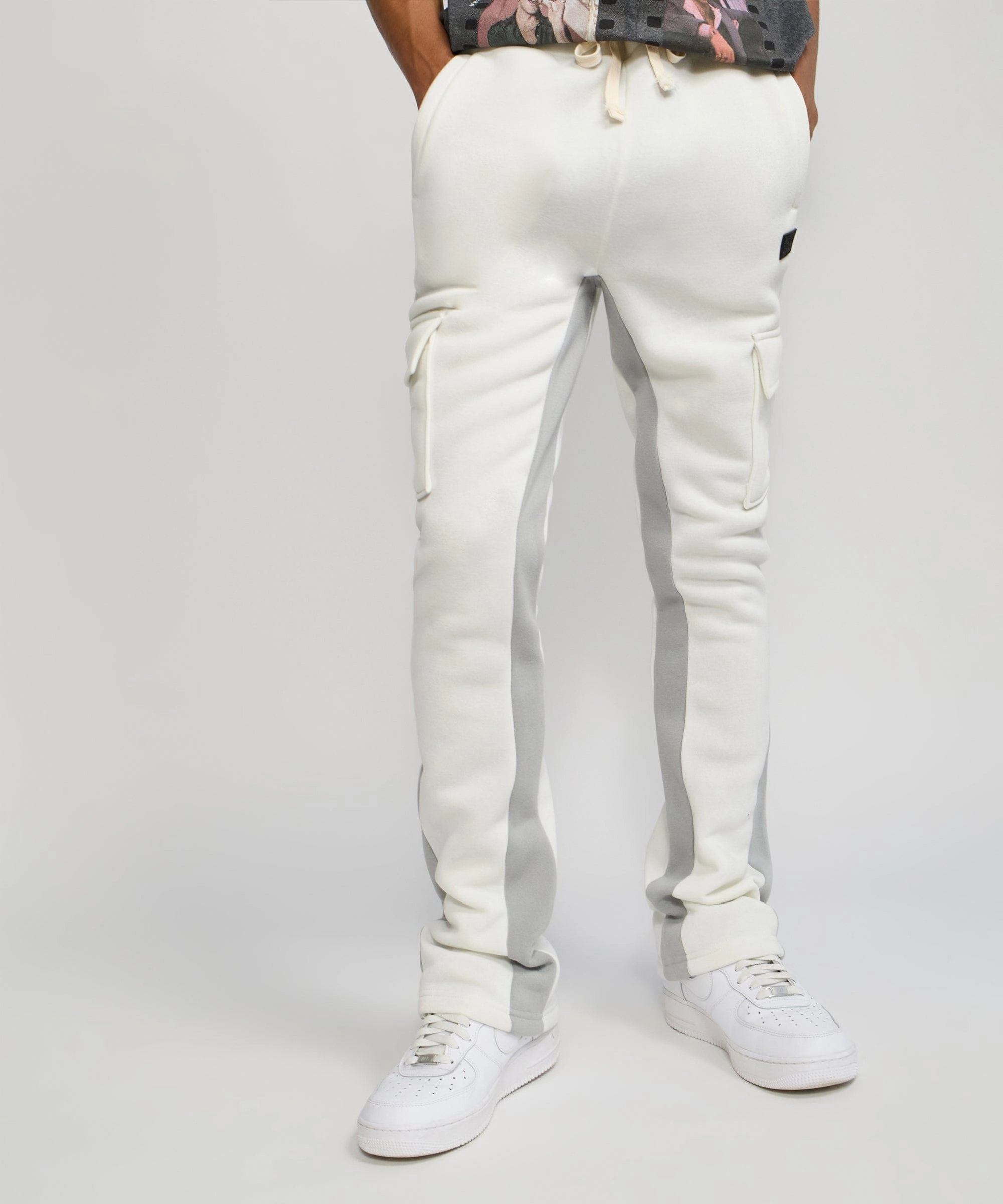Non Slip Waistband Perfect Stretch Flare Fleece Sweatpants - Cream