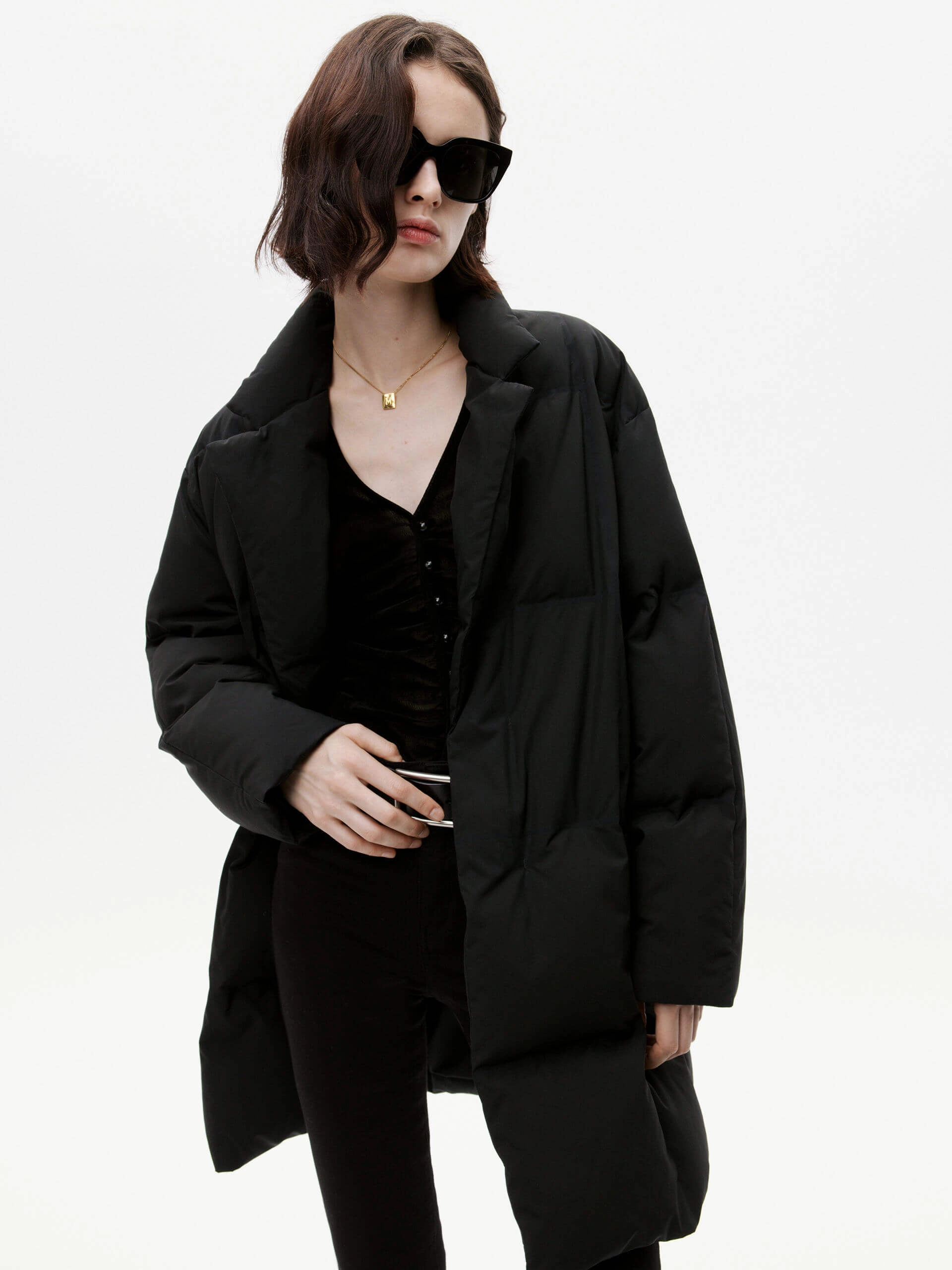 Crisp Look Lightweight Fabric Flat Collar Mid Puffer Coat