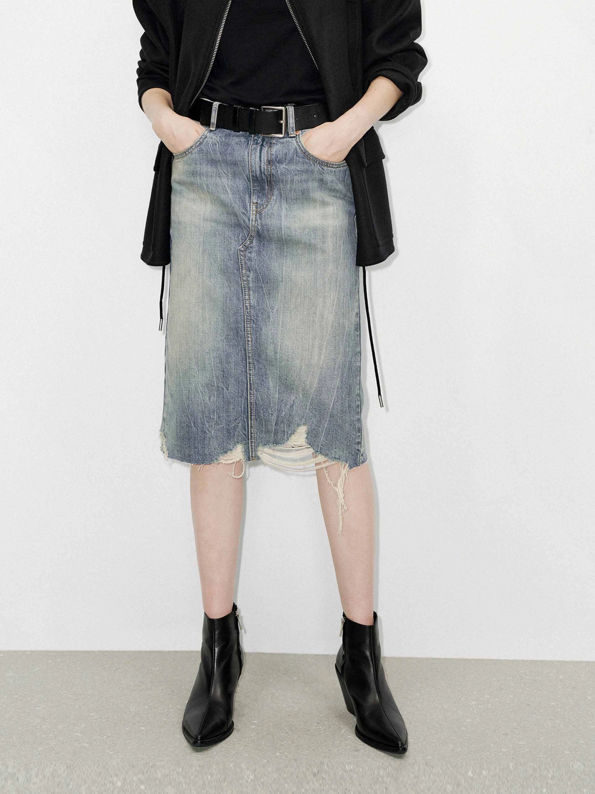 Feminine Cut Back Slit Distressed Skirt