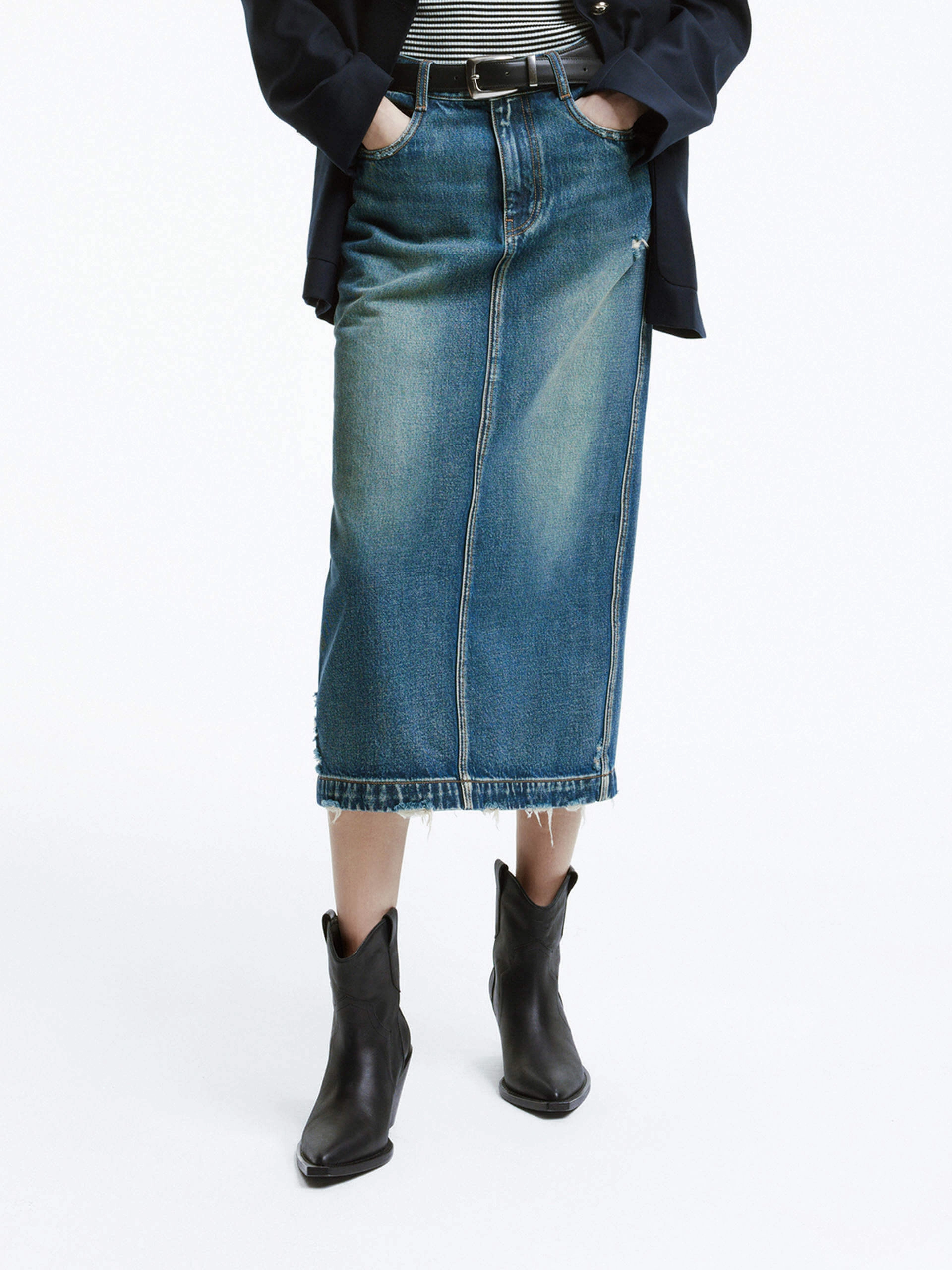 Athletic Comfort Freedom Motion Back Slit Frayed Midi Skirt