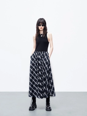 Luxury-Fabric Paneled Checkered Dress