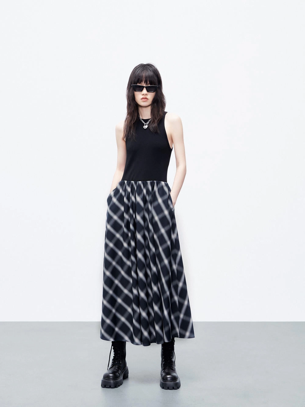 Luxury-Fabric Paneled Checkered Dress