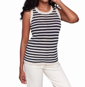 Striped Novelty Stitch Sleeveless Crew Neck Sweater In Nautical Breathable Open Weave Four Way Stretch Fabric