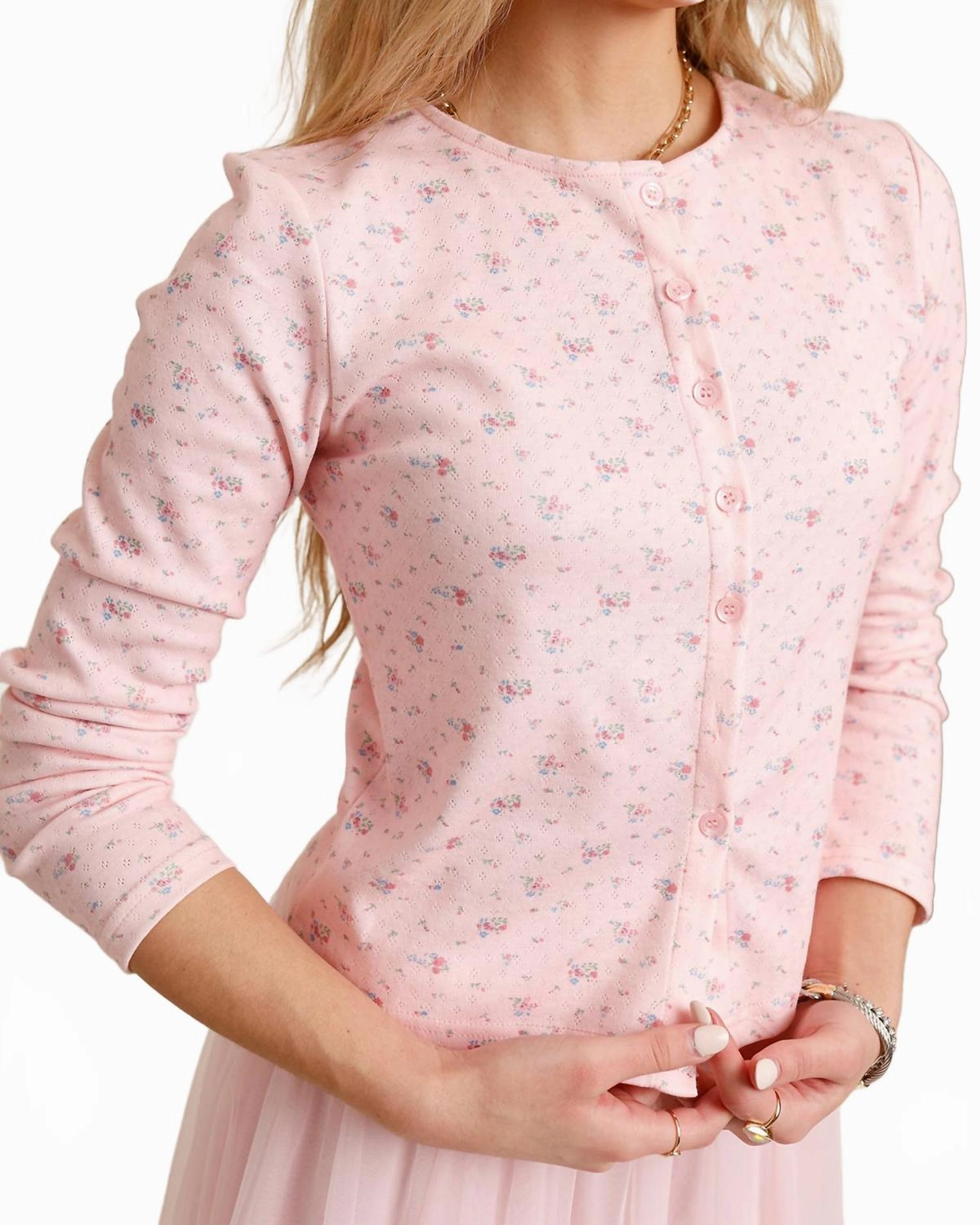 Soft Layering Warm Outfit Fleur Pointelle Cardigan In Pink