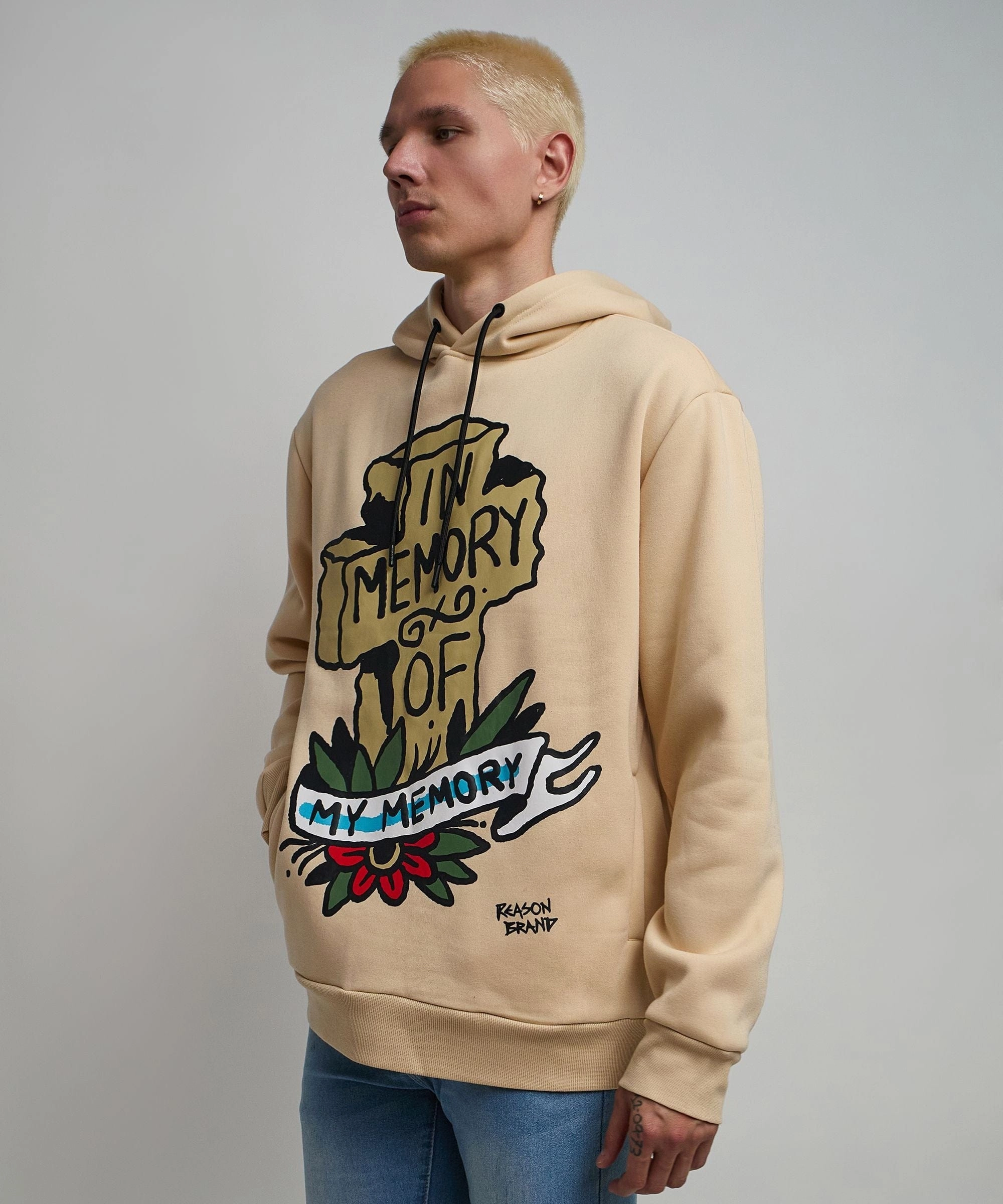 Multi Panel Design Yarn Dyed Stripes In Memory Of Graphic Print Hoodie - Khaki