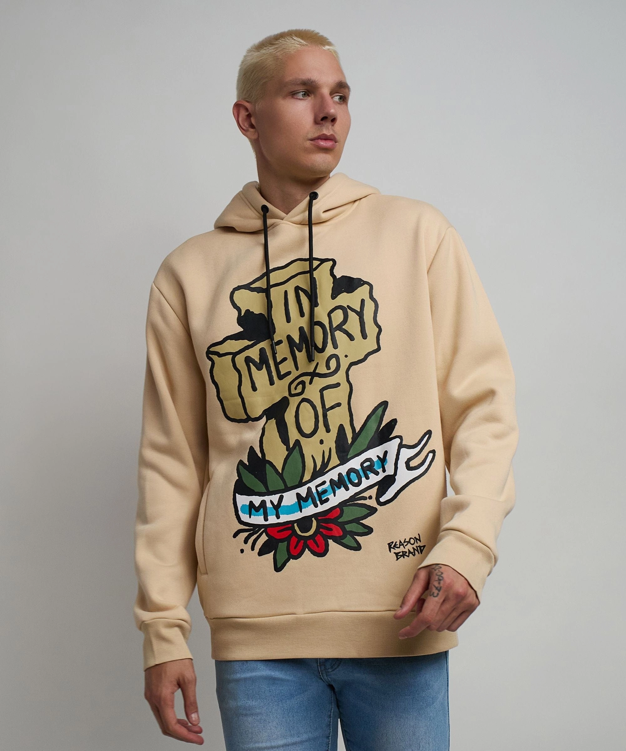 CrossBackDesign ContrastTipping In Memory Of Graphic Print Hoodie - Khaki