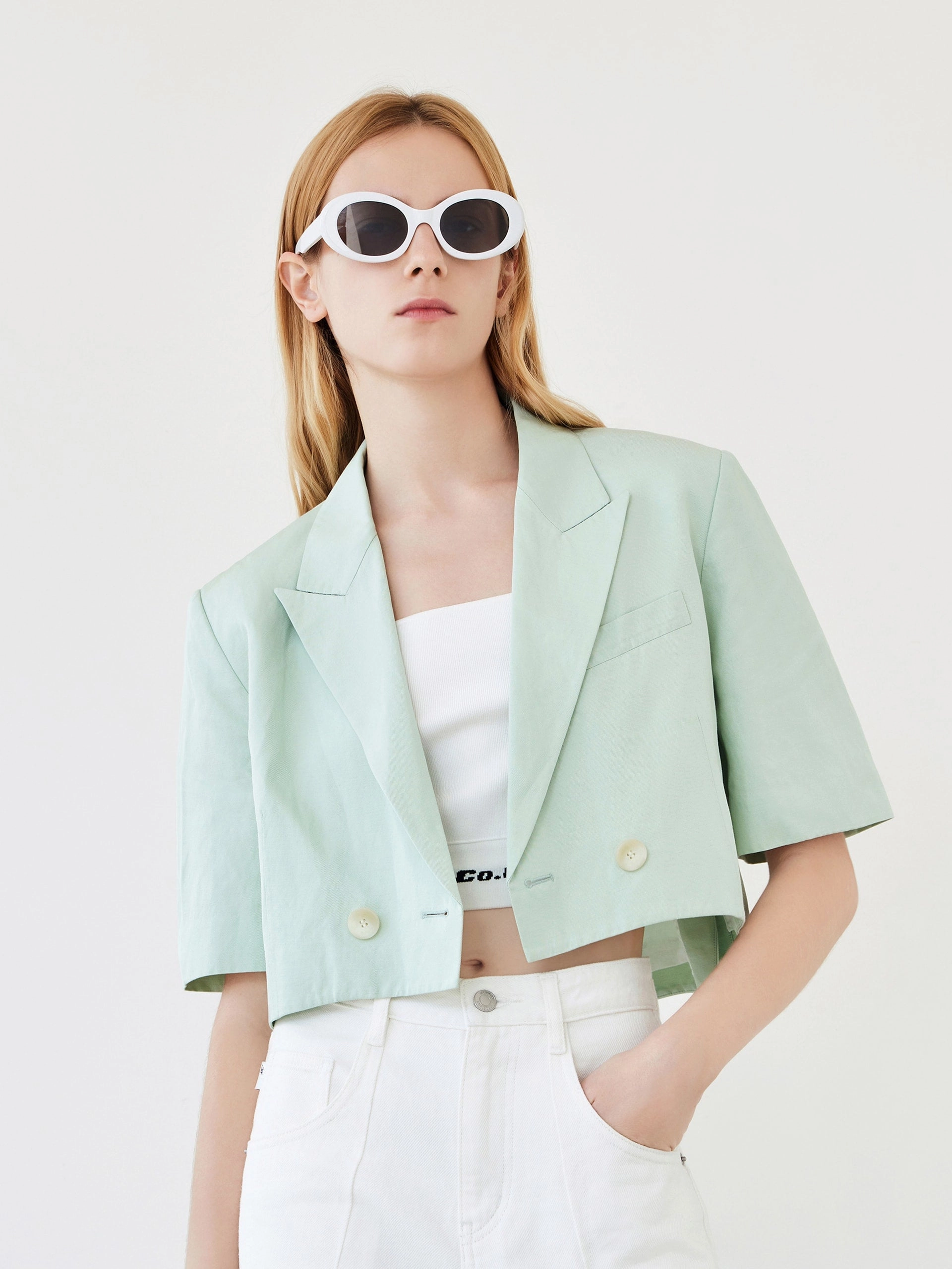 MultiPocket Linen Blend Crop Blazer