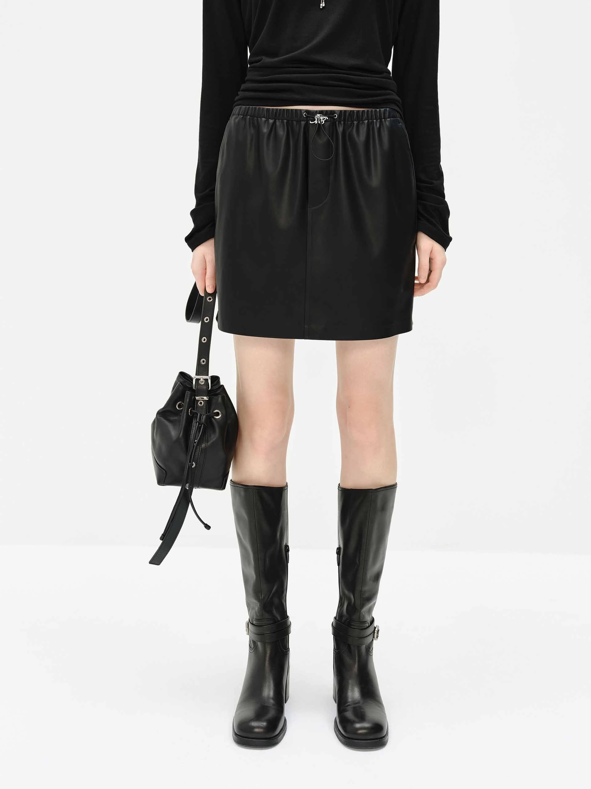 Twill Weave Texture Elastic Waist Leather Skirt