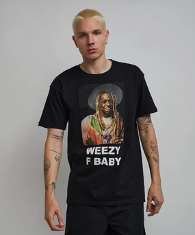 VNeckline Relaxed Crew Neck Opening Lil Wayne Weezy F Baby Photo Short Sleeve Tee - Black