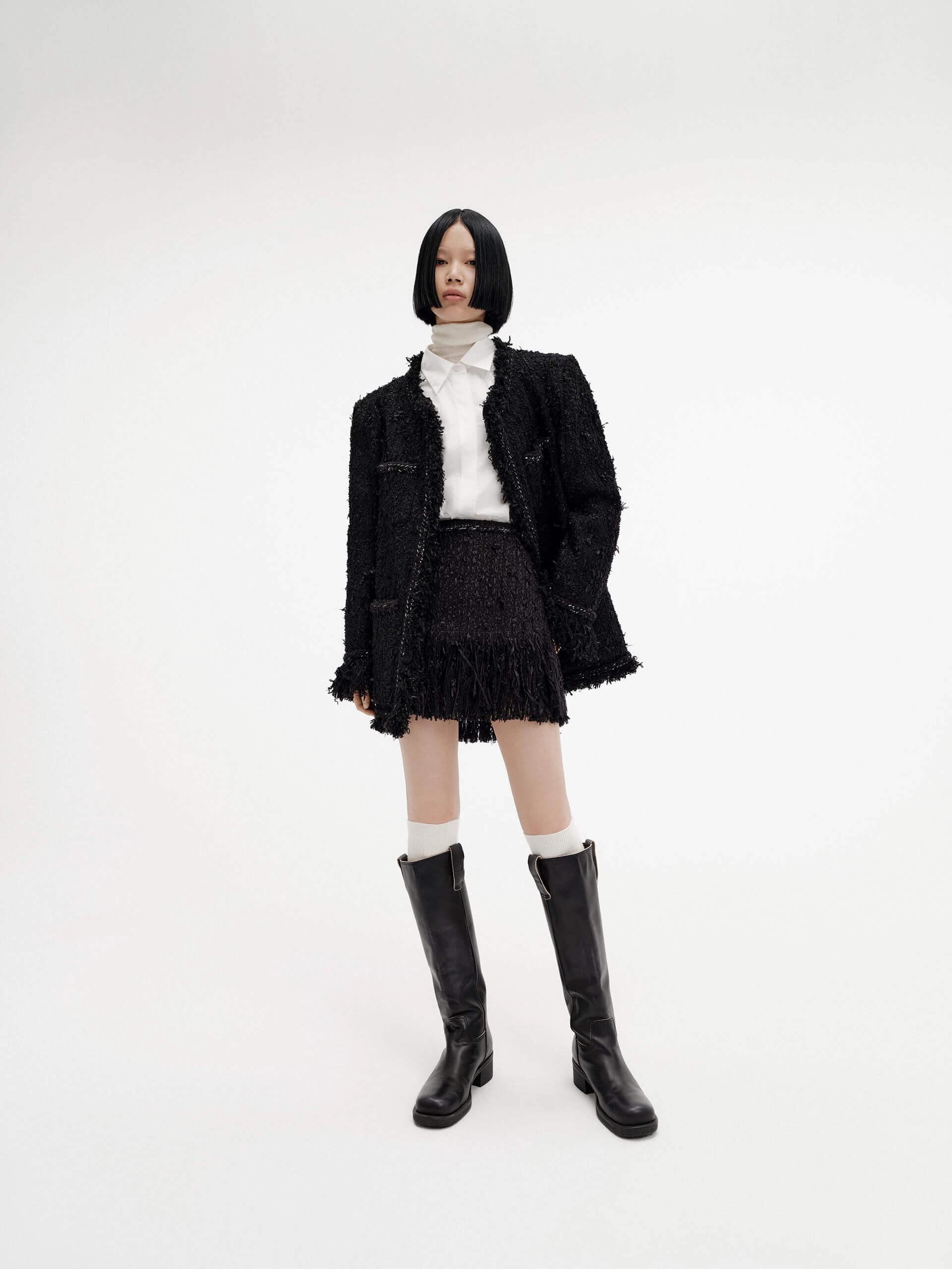 Softened Hem Fringed Detail Tweed Skirt