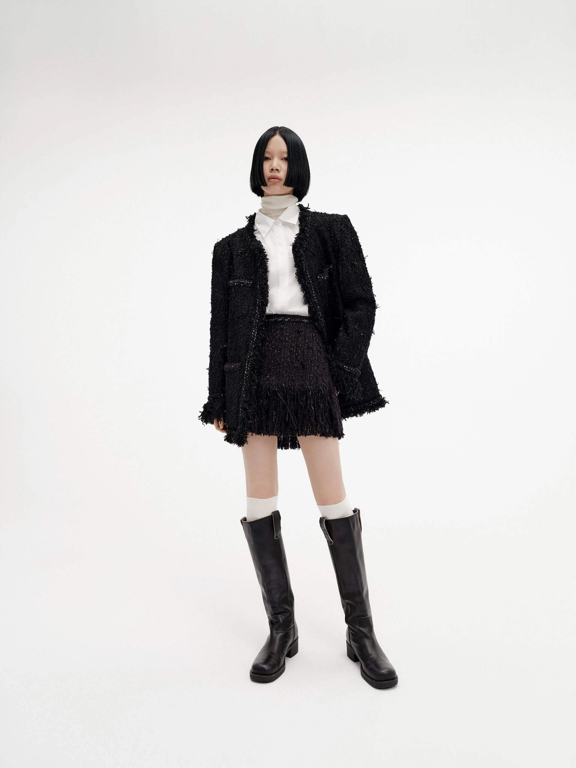 Adaptable Design No Wrinkle Fringed Detail Tweed Skirt