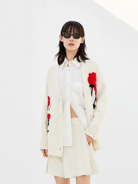 OversizedSilhouette Fleece Pullover Rose Embroidered Wool Cardigans
