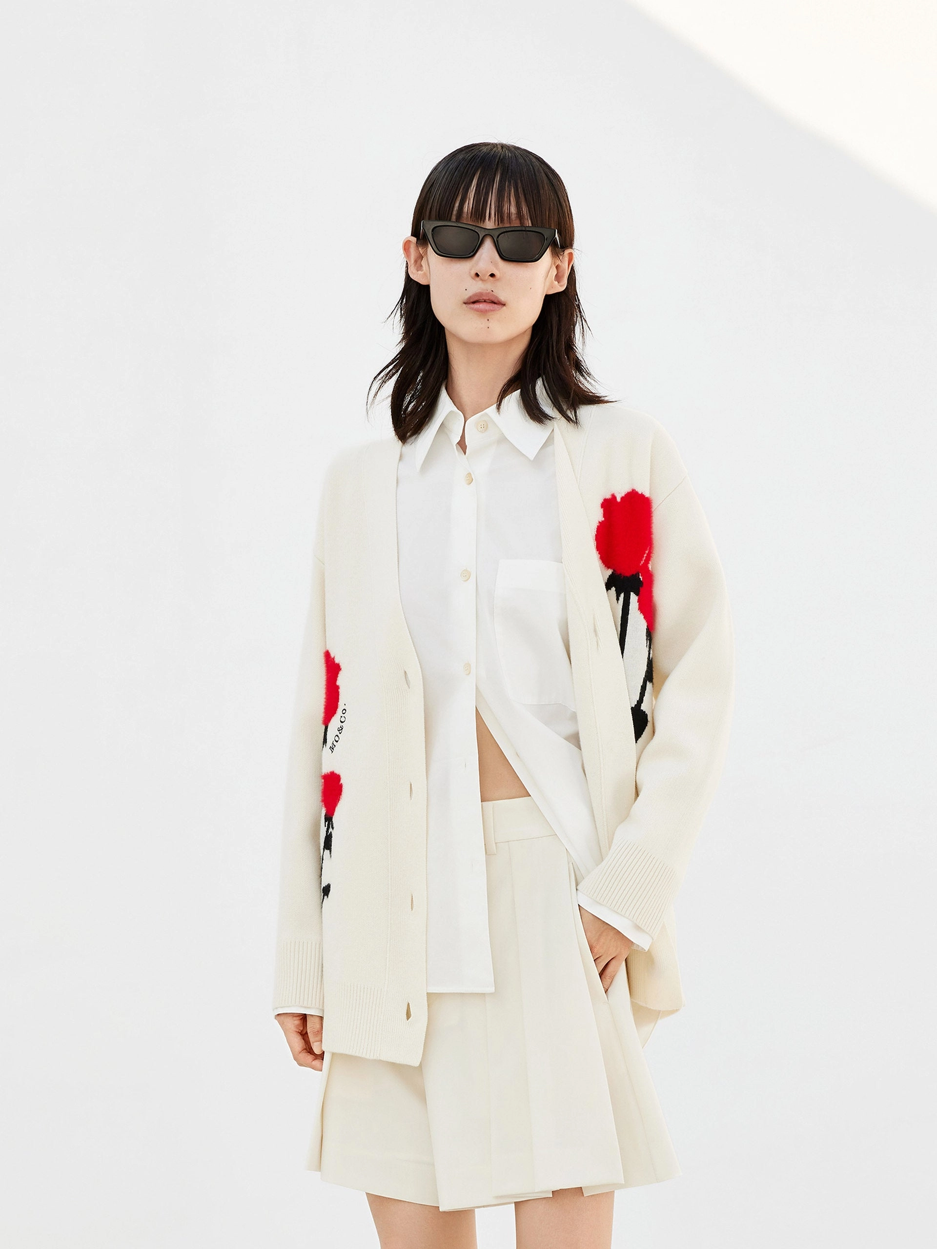 Rose Embroidered Wool Cardigans DroppedShoulder Layered Sleeve