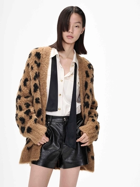 Double Layered Fabric Leopard Print Knitted Cardigan