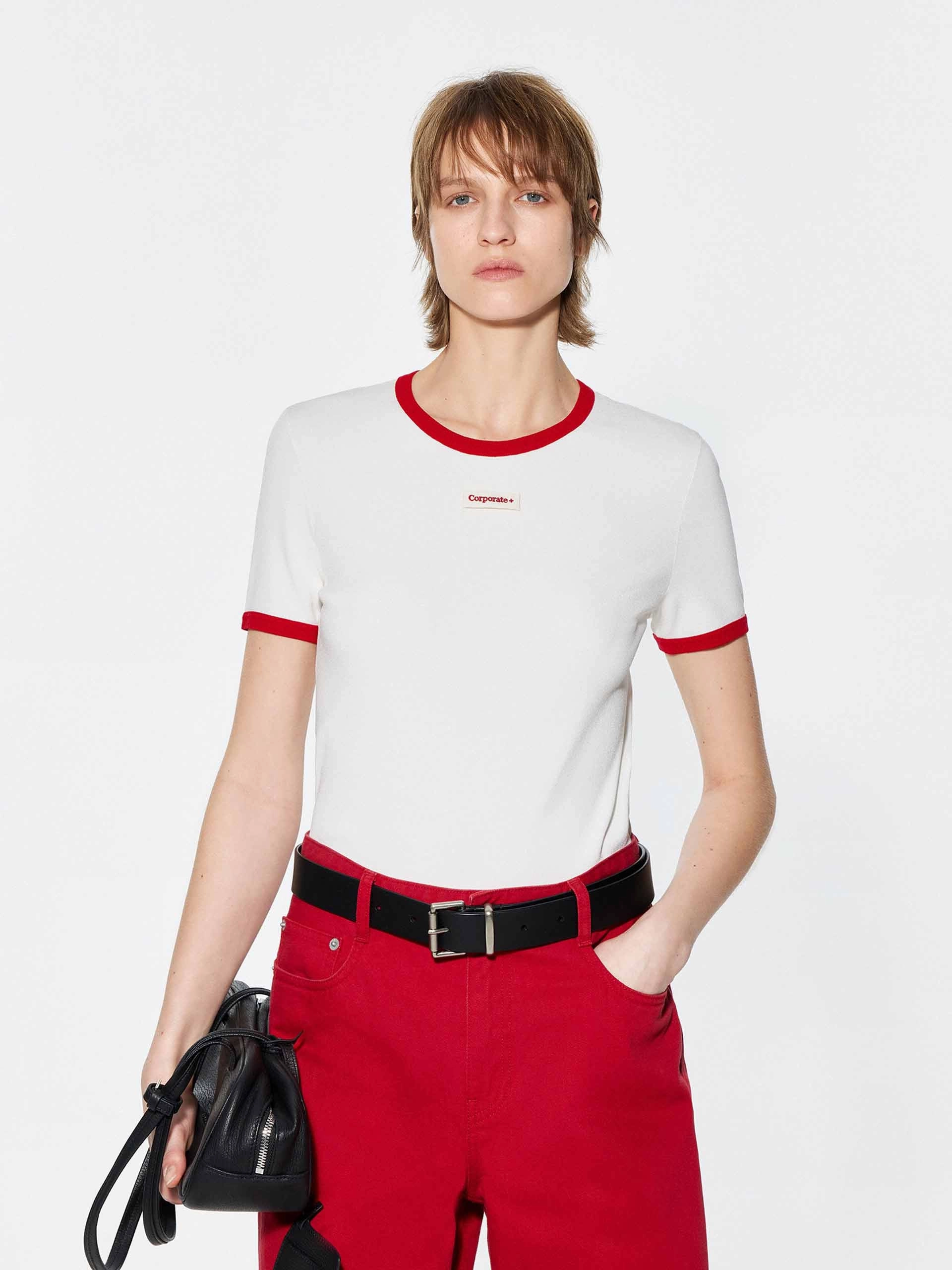DoubleStitched Construction Contrast Color Round Neck Top