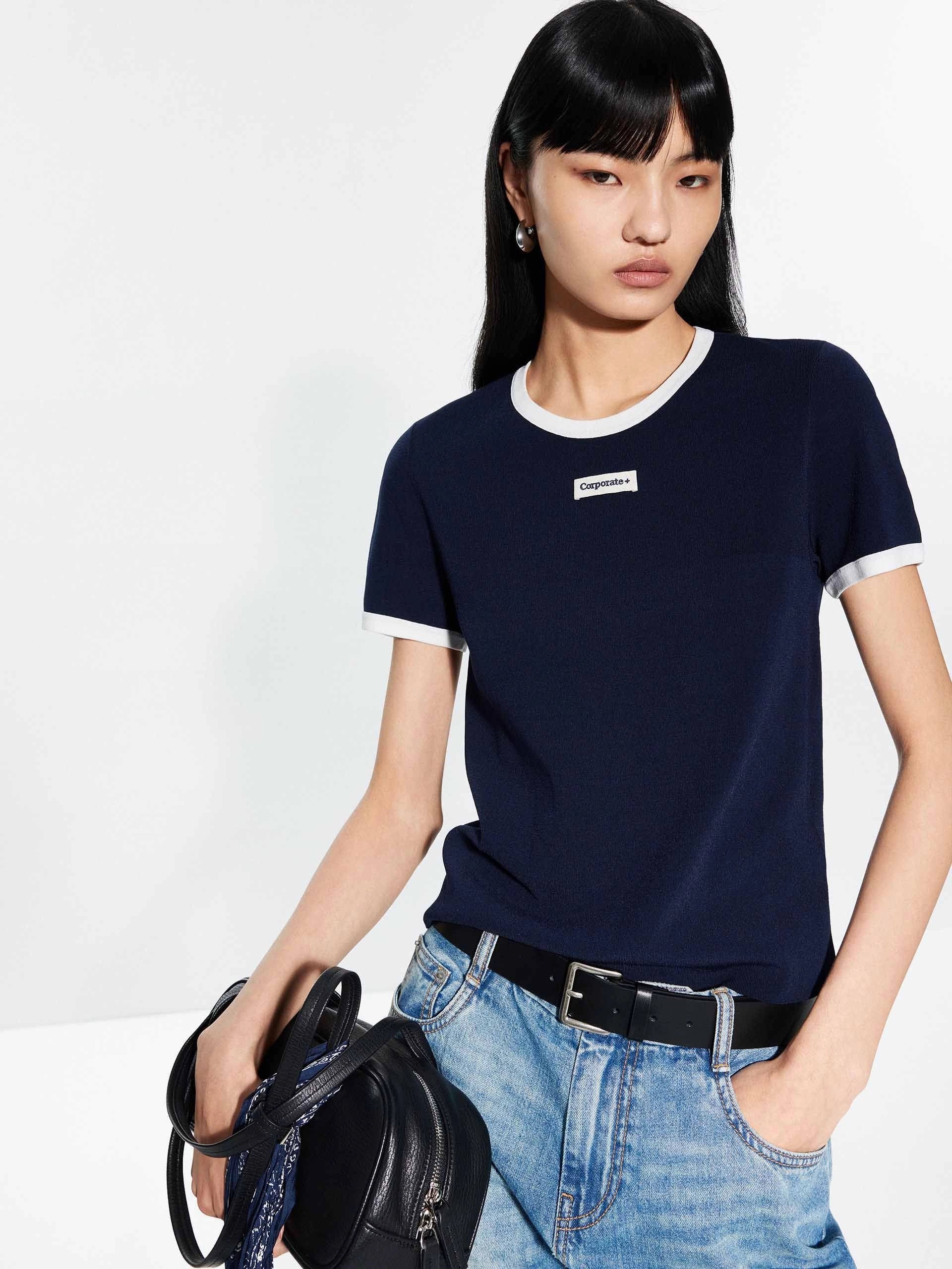 Overlock Edging AntiPillingTechnology Contrast Color Round Neck Top
